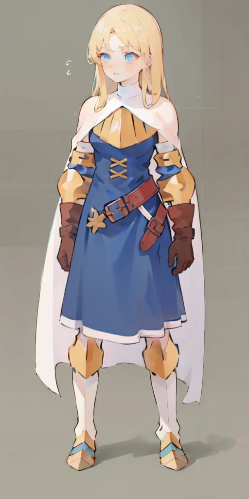 (masterpiece, best quality), 1girl,  KnightFFT, long hair, blonde hair, blue eyes, cape, armor, blue dress, belt, gloves, boots