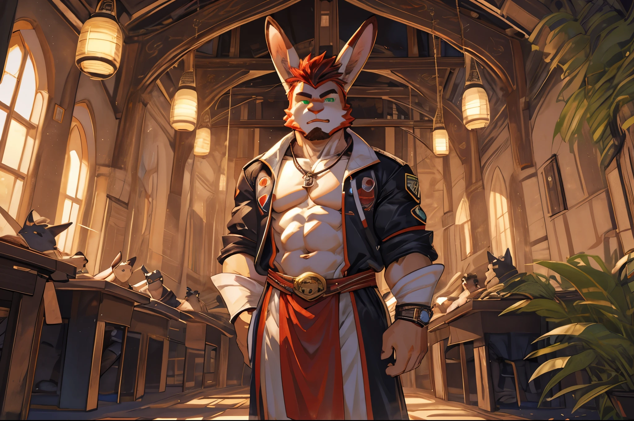 (perfect face, bara furry, rabbit man, big body, cardinal skin, short quiff red hair, green eyes, perfect eyes, big rabbit ears, handsome, at school) with (perfect face, bara furry, rabbit man, big body, light brown skin, short quiff red hair, green eyes, perfect eyes, big rabbit ears, handsome, in jungle)