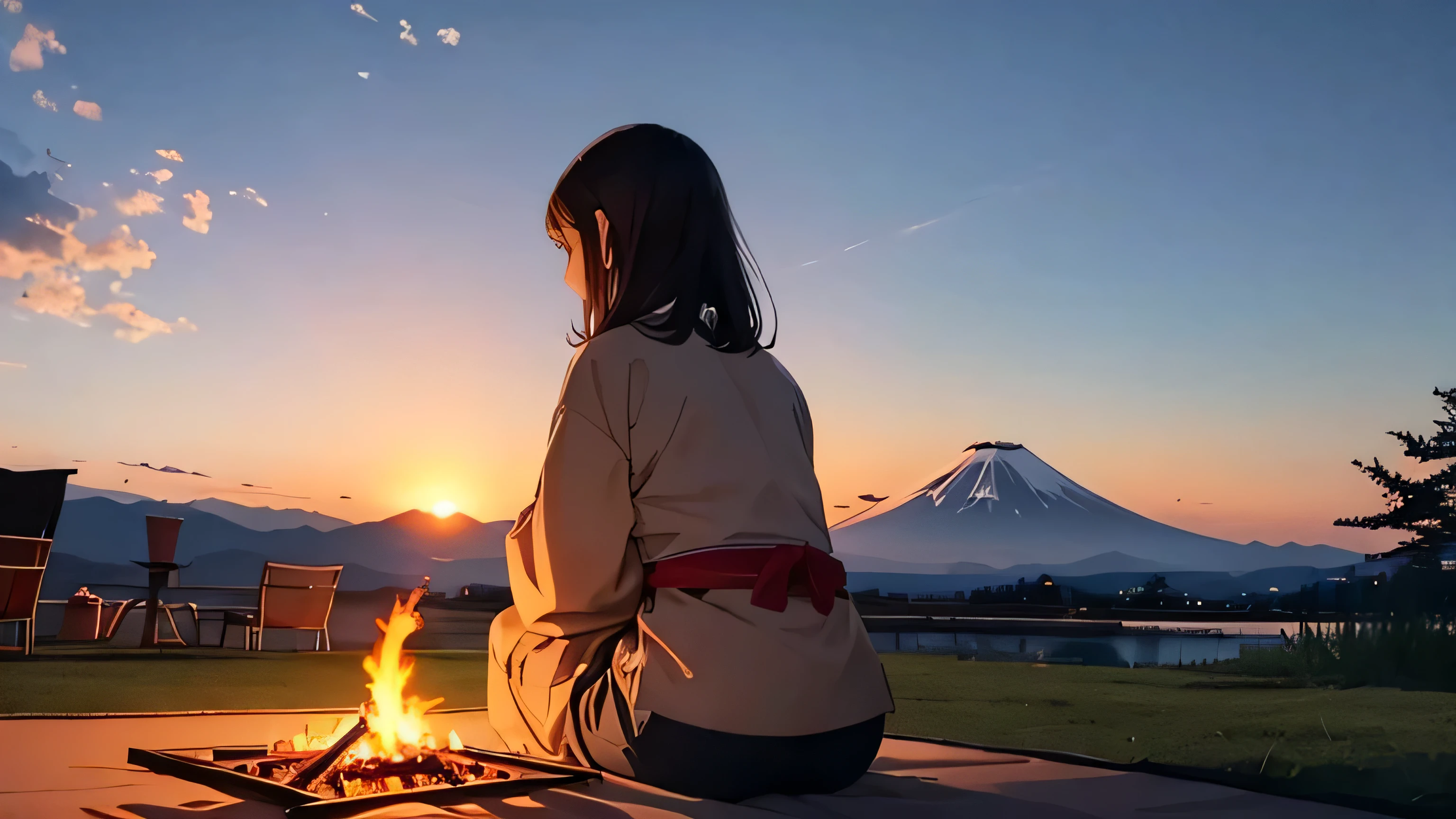 Campsite with a view of Mt. Fuji、Beautiful sunset　Light a bonfire　Japanese style anime