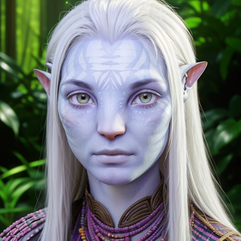 avatar style, (face portrait:1.4), naavi, 1boy, male, ((red eyes)), ((eyebrowless)), pointy ears, (white skin tone:1.0), (straight hair:1.0), silver hair color, ((long hair)), (young adult), 18 years old, face wrinkles, wearing colorful tribal clothing, (wearing tribal acessories), detailed eyes, toned body, muscled body, vibrant colors, glowing, ethereal atmosphere, surrealistic dreamy lighting, textured skin, otherworldly beauty, mesmerizing photography, (best quality, highres), vivid colors, ultrarealistic, skin details, striped skin, sfw, face close-up:0.5, ultradetailed body, ((white skin)), (albino person), albinism:1.5, AvLoak