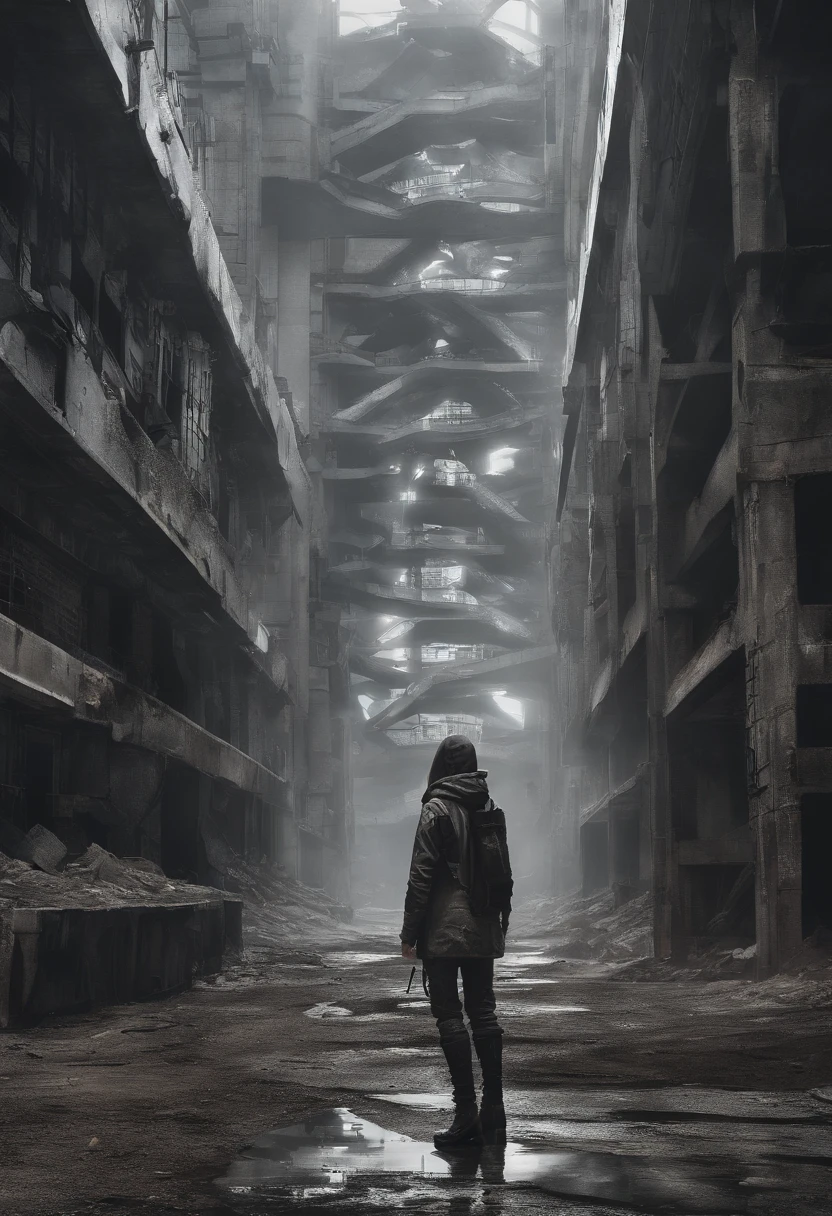 image taken from above and behind the shoulder of a dirty GIRL with her back turned and DRESSED IN a dirty HOOD from a second floor balcony of a dilapidated futuristic building, she is looking at an ultra futuristic wide and tall wall, has 2 giant tunnels in the wall with giant hydro-electric turbine propellers, distopia, lixo nas ruas, curved buildings in ruins, apocalypse moderno, has smoky metal structures , It's raining, there are puddles of water in the streets, apocalyptic industrial environment with smoke and fog around, carros escuros nas ruas, tem viadutos largos e longos e bifurcados no meio da cidade, desert megalopolis, trilhos e trens modernos de de metal passando estre as ruas da cidade, tall futuristic metal buildings, many ultra modern buildings around, , as realistic as possible, As detailed as possible, imagem realista, Science fiction