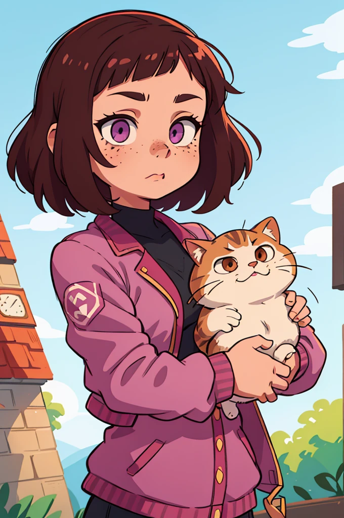 A girl, Brown short hair, Wearing lilac jacket and cat, Zhdinsy Black Extra Large, Eyes are brown, freckles on her face, standing posture, Role List, different angle