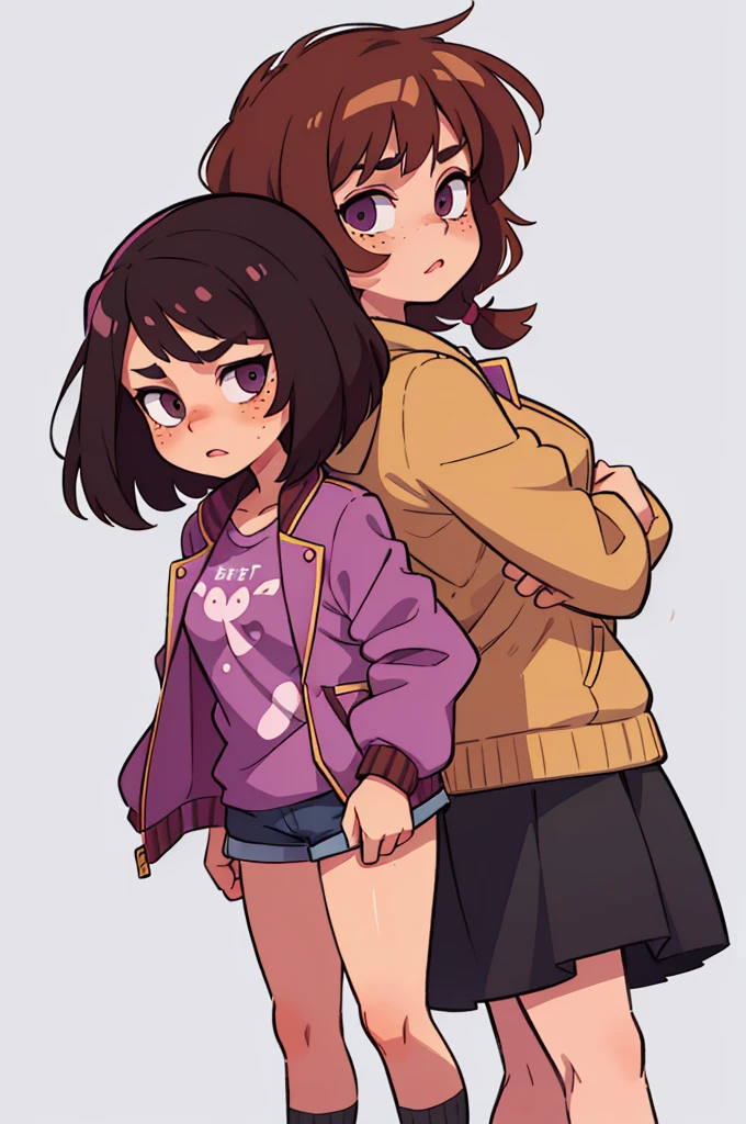 A girl, Brown short hair, Wearing lilac jacket and cat, Zhdinsy Black Extra Large, Eyes are brown, freckles on her face, standing posture, Role List, different angle