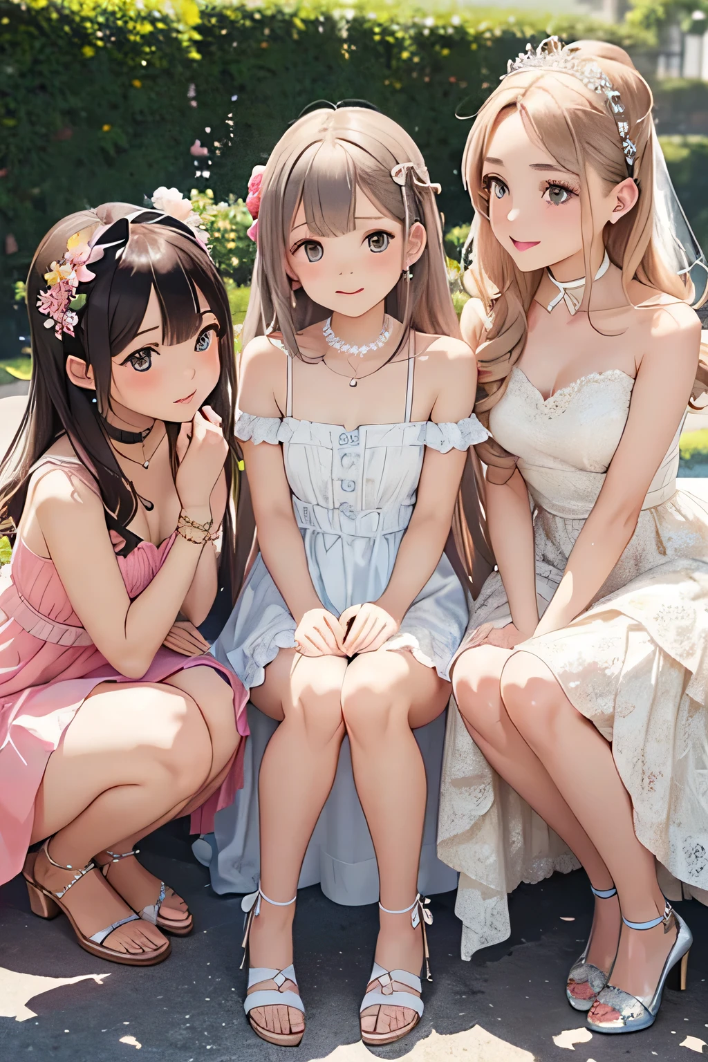 highest quality、High resolution、Detailed Background、(Beautiful face in every detail:1.4)、Anatomically correct、(Draw the usual number of fingers:1.2)、(Detailed facial expressions)、(Detailed eyes:1.2)、(Detailed eyes:1.2)、Beautiful, smooth skin、Teenage beauty、(Three Women)、(Highly detailed face:1.4)、well-groomed eyebrows、
Adult Style、Sunny outdoors、

(Three beautiful girls having fun with their friends:1.5)

Choose a dress in soft colors such as pretty pink or lavender to create a glamorous impression.、
Flared skirts and dresses with soft silhouettes bring out the feminine charm.、
For the upper body, we recommend heart-shaped or V-neck designs that flatter the décolletage.、
Choose an elegant design with lace or ribbon on the back.、

Pair your dress with heeled pumps or sandals for a stylish look.、
You can also add some sparkle with metallic colored shoes in silver or gold.、
Comfort is also important, so pay attention to the heel height and the shape of the toe of the shoe.、

Choose simple yet elegant accessories that go well with your dress.、
Pearls and thin choker、Wearing a thin bracelet on your wrist will add a touch of glamour.、
For hair accessories, try adding small flower-themed pins or headbands to add a cute touch.、

Consider an updo or half-up style that matches the design of your dress and your personality.、
If you have long hair, create light curls or waves to bring out your femininity.、
If you have short hair, try using accessories to create a unique look.、

Add cuteness to your natural, light base makeup with blush and lipstick.、
Use bright eyeshadow and mascara to add a touch of glamour to your eyes.、
Choose a sweet lip color like pink or coral for a girly look.