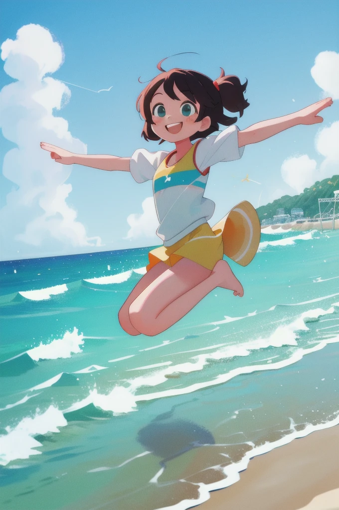 masterpiece,best quality,1 Girl,Beach,Jump,Smile,Dynamic,looking at the audience