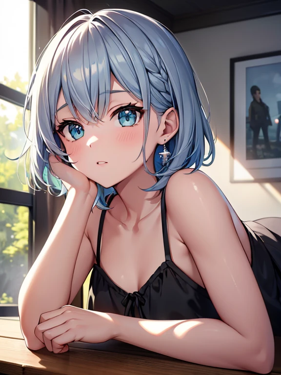 (masterpiece:1.3), (best quality:1.3), high resolution, 


from above, 
leaning forward, sitting, body facing forward, gym sitting, 

(one cute girl:1.3), solo, 
white skin, small Breast, eight-headed person, 
light blue hair, (bobbed hair:1.2), (short hair:1.2), (blunt bangs:1.2), beautiful hair, blue eyes, beautiful detailed eyes, 

blush, open mouth, heart, cheerful smile, 

camisole, black dress, earrings, 

indoors, white room, bed, 

shadowlighting,