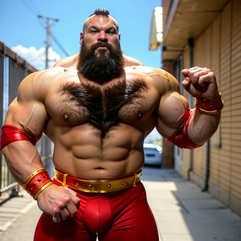 zangief,a man with a beard and a golden belt, fighting game character, street fighter 5,muscled humanoid,heavy looking,buff man,wrestler,Red briefs,capcom,street fighter,shirtless,muscular male,chest hair,visually weighty,bearded man,mohawk hair,no wristband,best quality