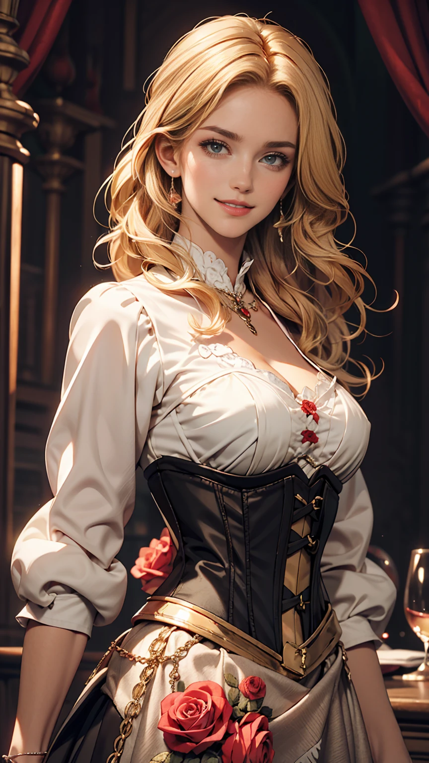 London、British corset skirt and medieval aristocratic rose embroidered blouse、British woman、White、Blonde、blue eyes、Wavy hair、Smile