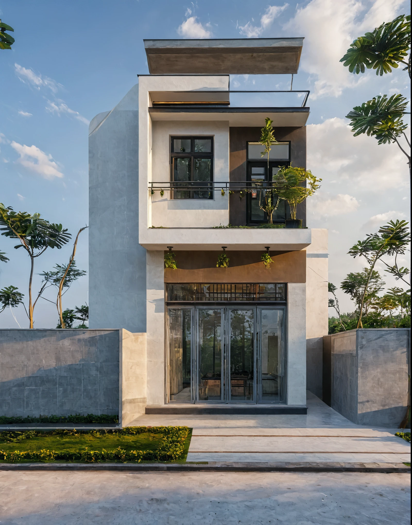 rendering of a building with a balcony and a balcony on the second floor, frontview, front-view, complete house, front elevation view, exterior design, front perspective, 2 d render, front view, sketch - up, 3/4 view realistic, 3d rendering, 3 d rendering, front elevation, mid-view, 3 d model,