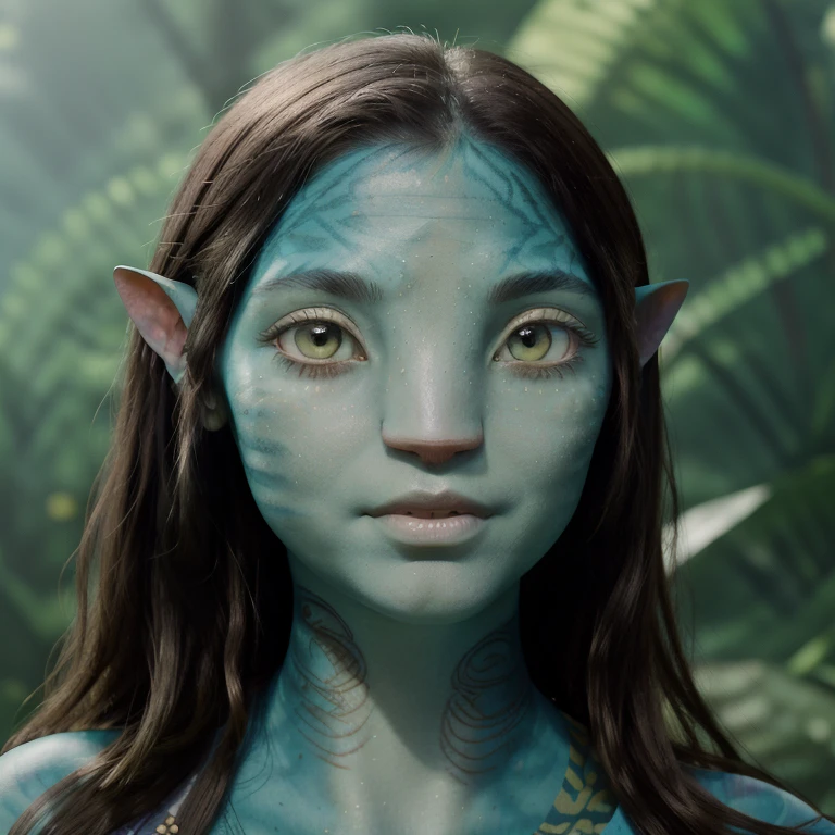 avatar style, (face portrait:1.6), naavi, 1girl, female, (green eyes), (big eyes), ((eyebrowless)), pointy ears, (turquoise skin tone:1.0), (straight hair:1.0), black hair color, ((long hair)), (young adult), 18 years old, face wrinkles, wearing colorful tribal clothing, (wearing tribal acessories), detailed eyes, toned body, muscled body, vibrant colors, glowing, ethereal atmosphere, surrealistic dreamy lighting, textured skin, otherworldly beauty, mesmerizing photography, (best quality, highres), vivid colors, ultrarealistic, skin details, striped skin, sfw, face close-up:0.5, ultradetailed body, ((turquoise skin)), AvTsireya, IsabelaMerced