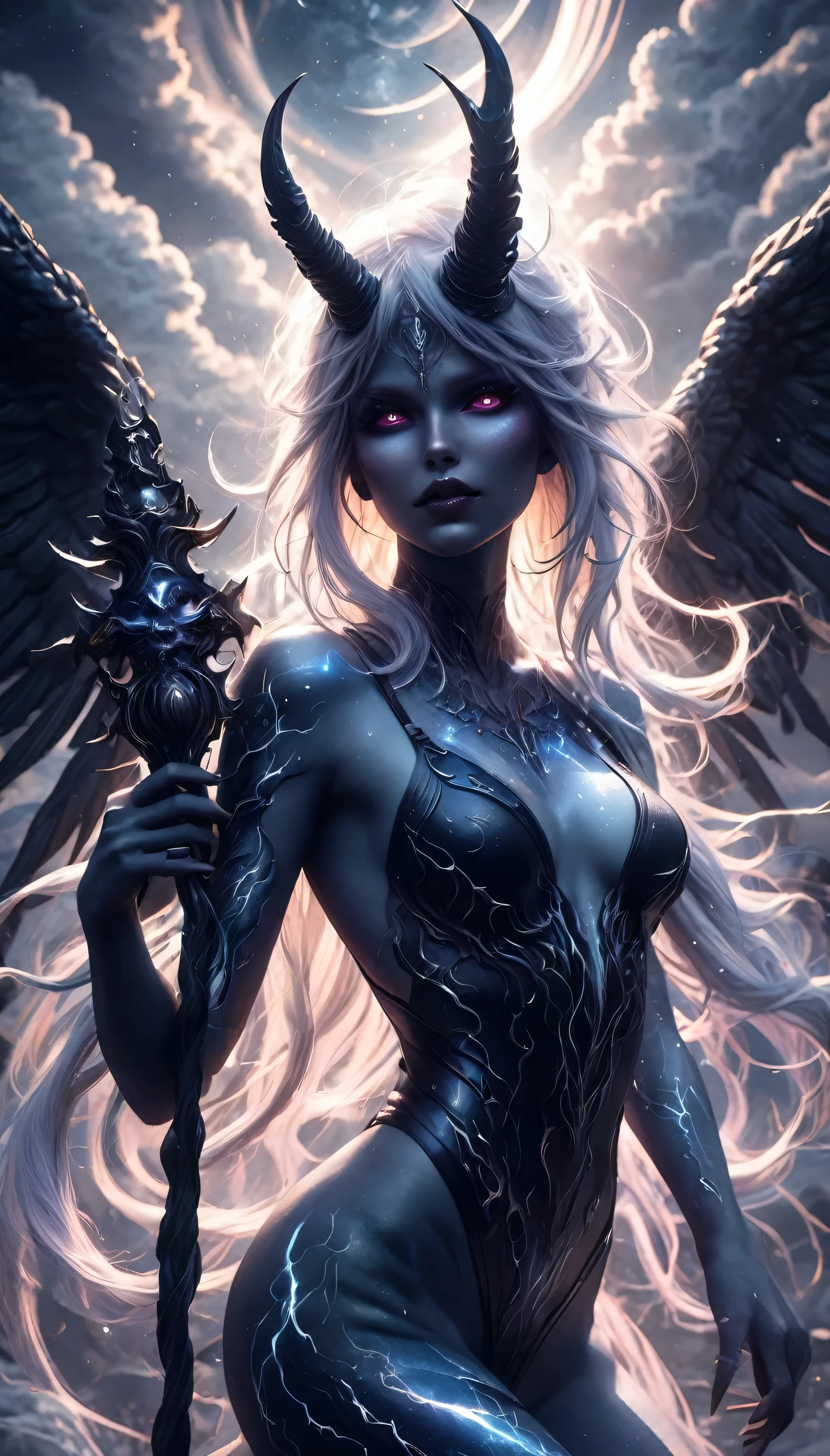 Full body shot, Demoness, busty, ((highest quality)),(ultra high resolution),(Super detailed),(detailed description),((best CG)),(best work of art),super precision art,amazing drawing art,(Fantasy art with intricate detail:1.5), A spear of light that pierces heaven and earth,Lightning emanating from the aurora cuts through the night sky,Angels blowing the trumpets of the end, naked, nude, pubic hair