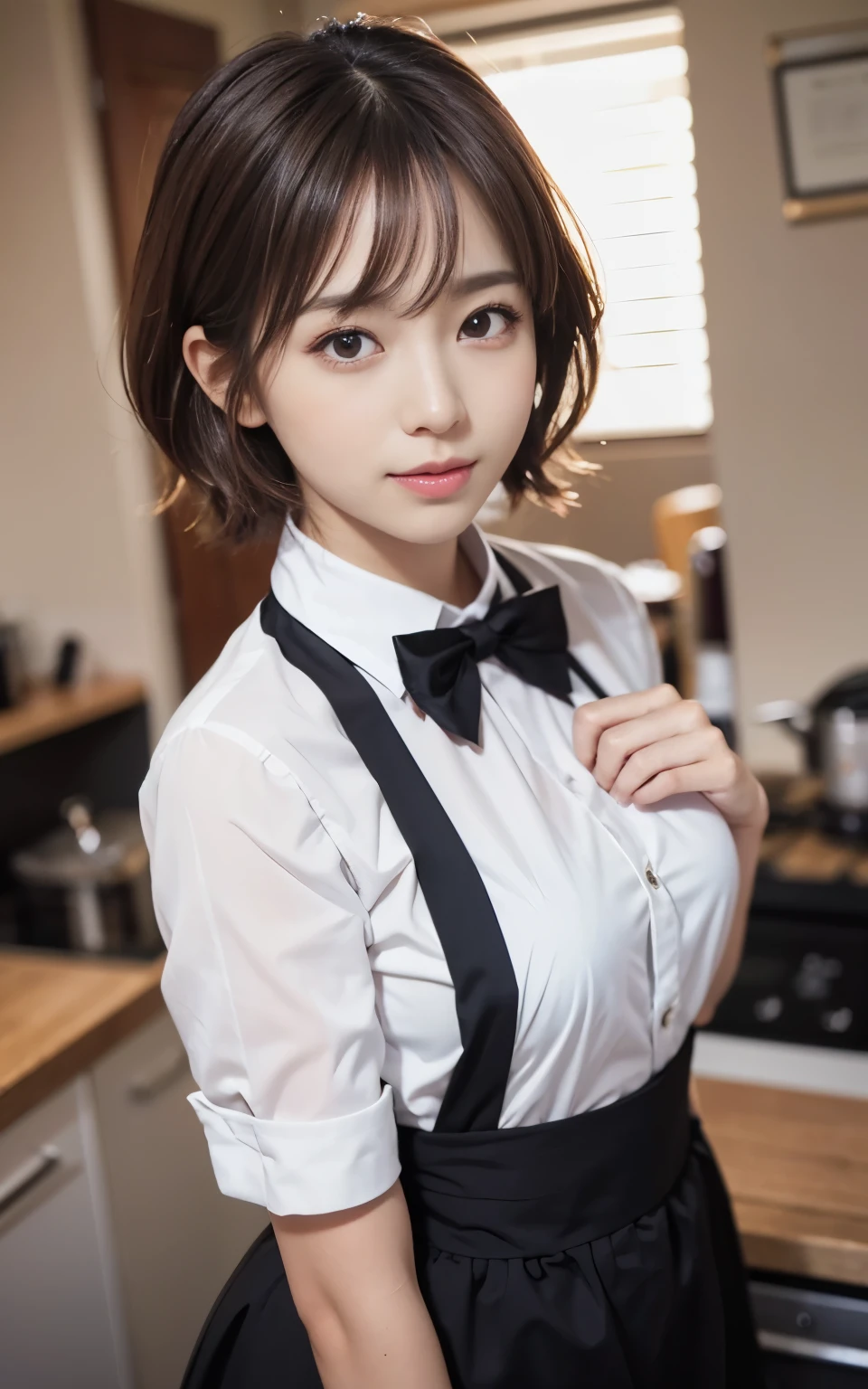 cute 21 year old japanese、apron, black bow tie、Waiter、Cafe、super detail face、pay attention to details、double eyelid、beautiful thin nose、sharp focus:1.2、Beautiful woman:1.4、(light brown hair,short hair、),pure white skin、highest quality、masterpiece、ultra high resolution、(Photoreal:1.4)、Highly detailed and professional lighting、nice smile、Please show me your whole body、