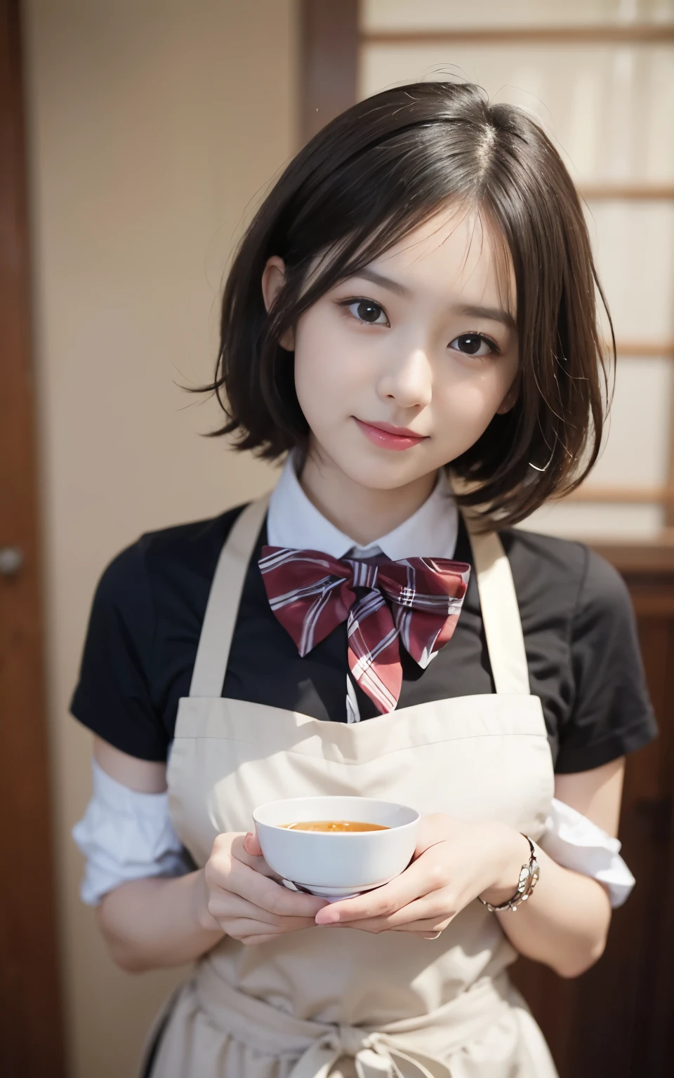 cute 21 year old japanese、apron, black bow tie、Waiter、Cafe、super detail face、pay attention to details、double eyelid、beautiful thin nose、sharp focus:1.2、Beautiful woman:1.4、(light brown hair,short hair、),pure white skin、highest quality、masterpiece、ultra high resolution、(Photoreal:1.4)、Highly detailed and professional lighting、nice smile、Carry dishes、Please show me your whole body、