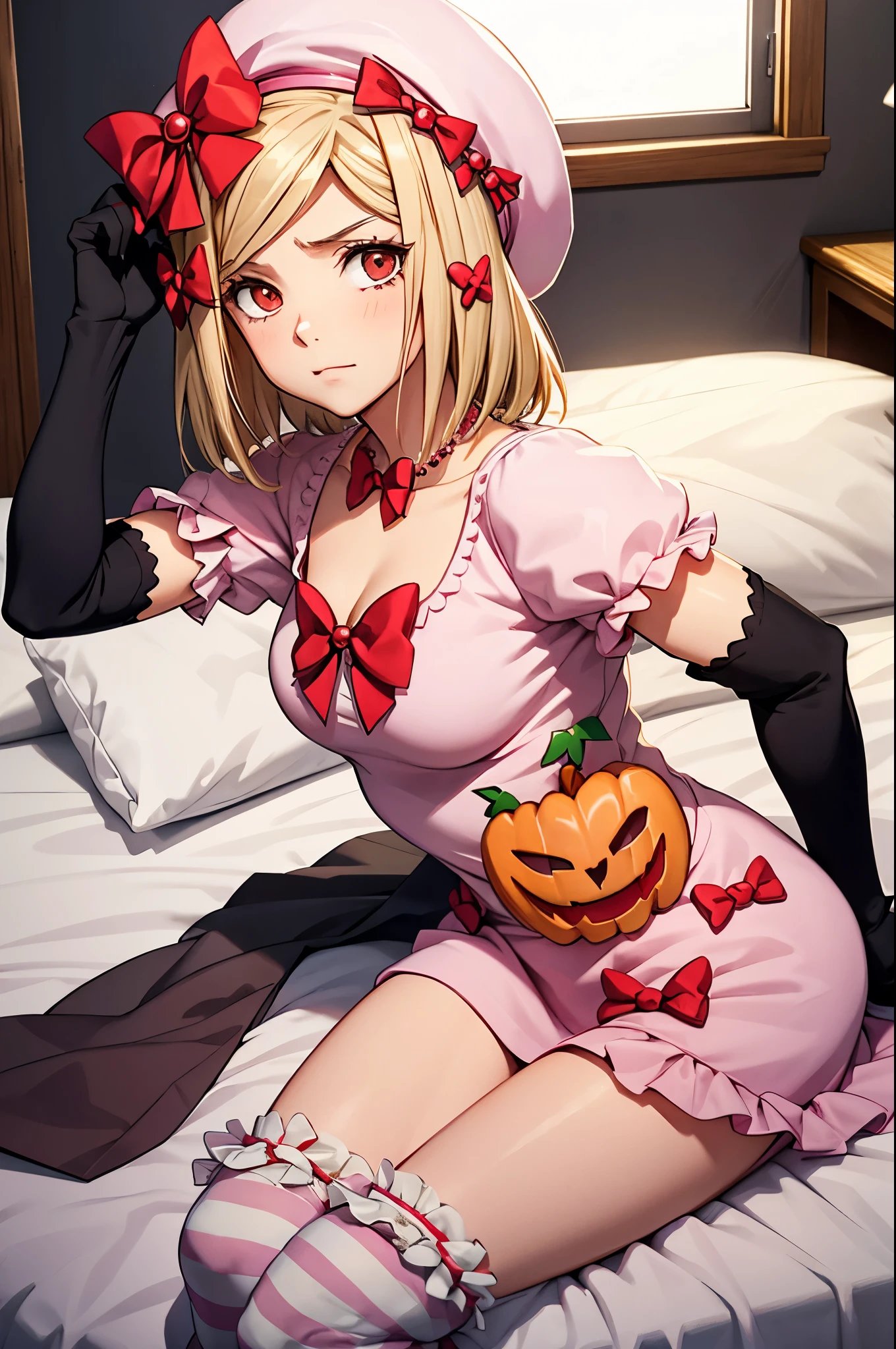 Lambdadelta, dress, bow, red shoes, striped stockings, red bow, pink hat, necklace, gloves, pearl, pumpkin brooch,lying on bed, looking at viewer, cleavage, expressionless, holding kitchen knife, blood.