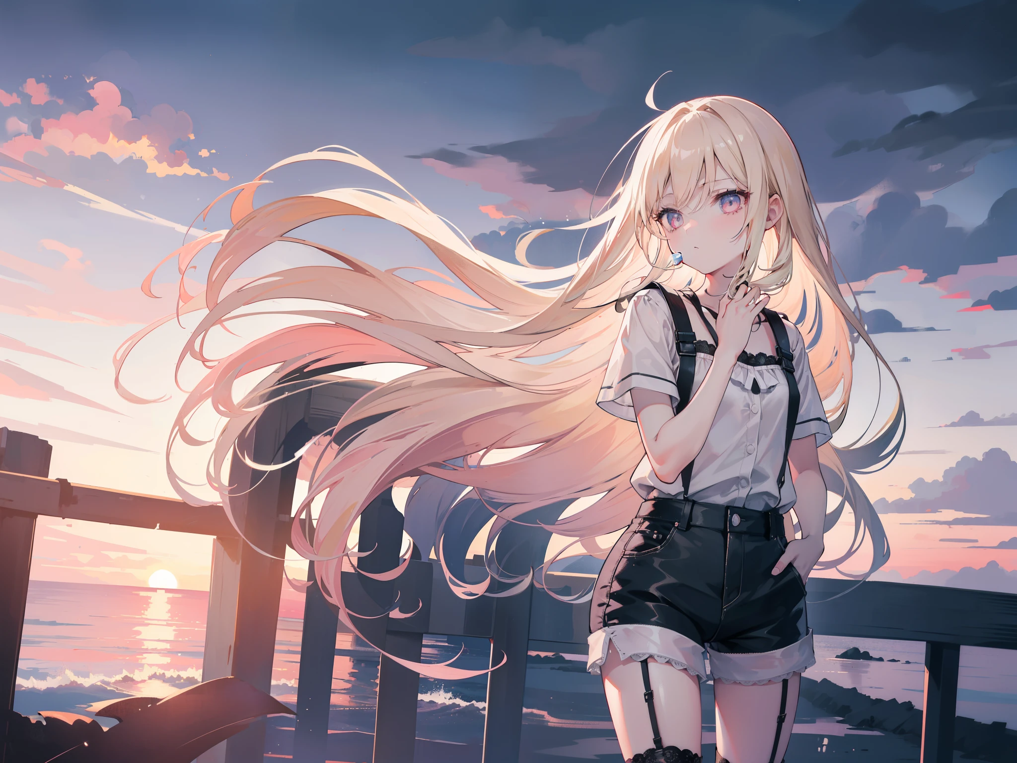Girl，Long blond hair，Black short sleeve，Denim shorts，(White garter stockings)，Black ankle boots，Hands in pockets，(Blow bubble gum)，Gloomy atmosphere，(Cross-sea bridge)，dusk，(evening)，Pink sky，Fire Cloud，(Sea surface reflecting the sky)，Cinematic texture，Exquisite light and shadow
