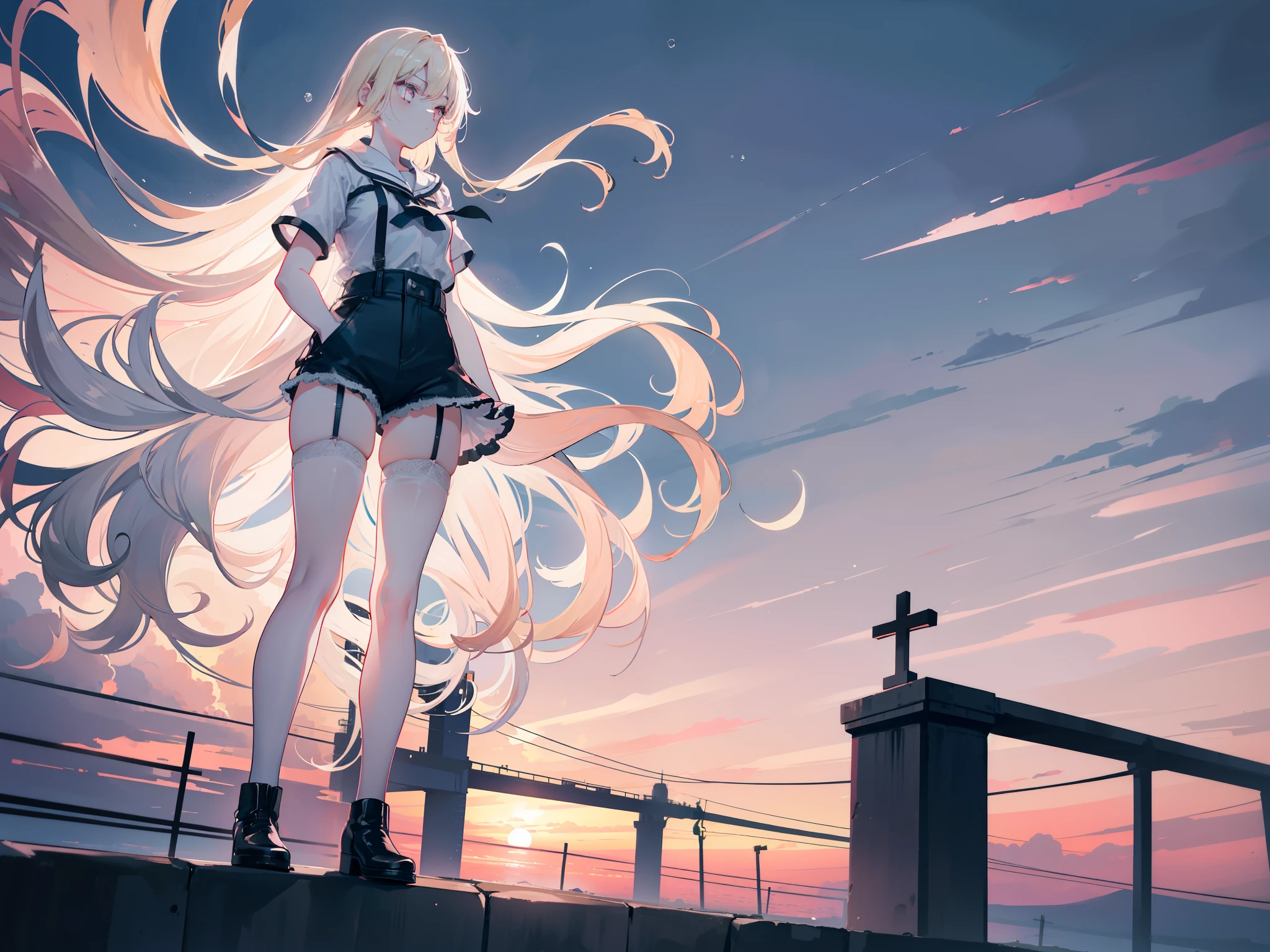 Girl，Long blond hair，Black short sleeve，Denim shorts，(White garter stockings)，Black ankle boots，Hands in pockets，(Blow bubble gum)，Gloomy atmosphere，(Cross-sea bridge)，dusk，(evening)，Pink sky，Fire Cloud，(Sea surface reflecting the sky)，Cinematic texture，Exquisite light and shadow