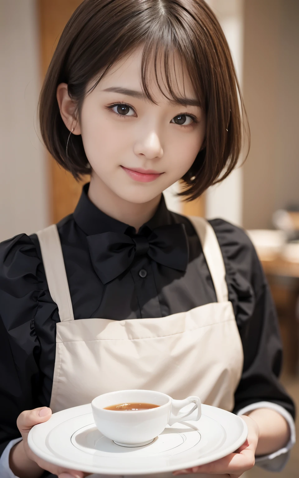 cute 21 year old japanese、apron, black bow tie、Waiter、Cafe、super detail face、pay attention to details、double eyelid、beautiful thin nose、sharp focus:1.2、Beautiful woman:1.4、(light brown hair,short hair、),pure white skin、highest quality、masterpiece、ultra high resolution、(Photoreal:1.4)、Highly detailed and professional lighting、nice smile、Carry dishes、Please show me your whole body、
