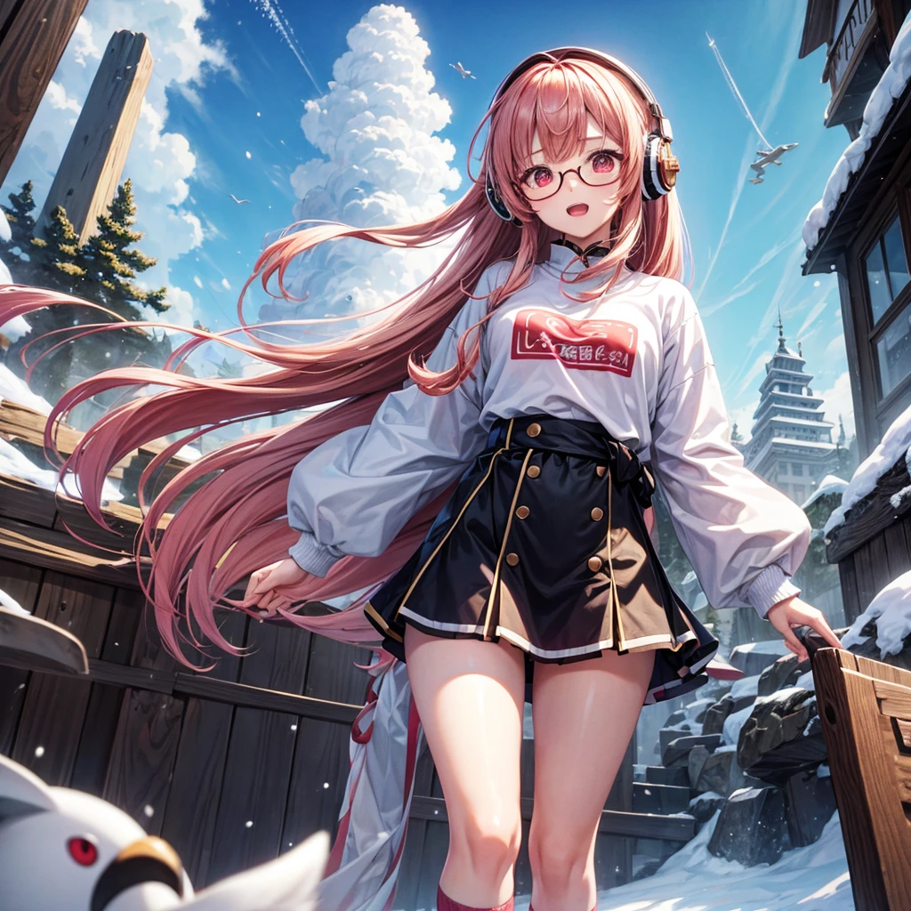 Pink gold golden hair、Red eyes、One good looking girl、solo、anime、Checkered mini skirt、The skirt has buttons、Red T-shirt、Long sleeve、China、Black knee-high socks、Wearing headphones、Wearing a ribbon、Ribbon on waist、Tilting face、Teeth are visible、tunnel、Sunset sky、The rocks are exploding、Penguins are walking、Snow is piled up、Rocky Mountain、The clouds are breaking through、Contrail、Medusa、Glasses