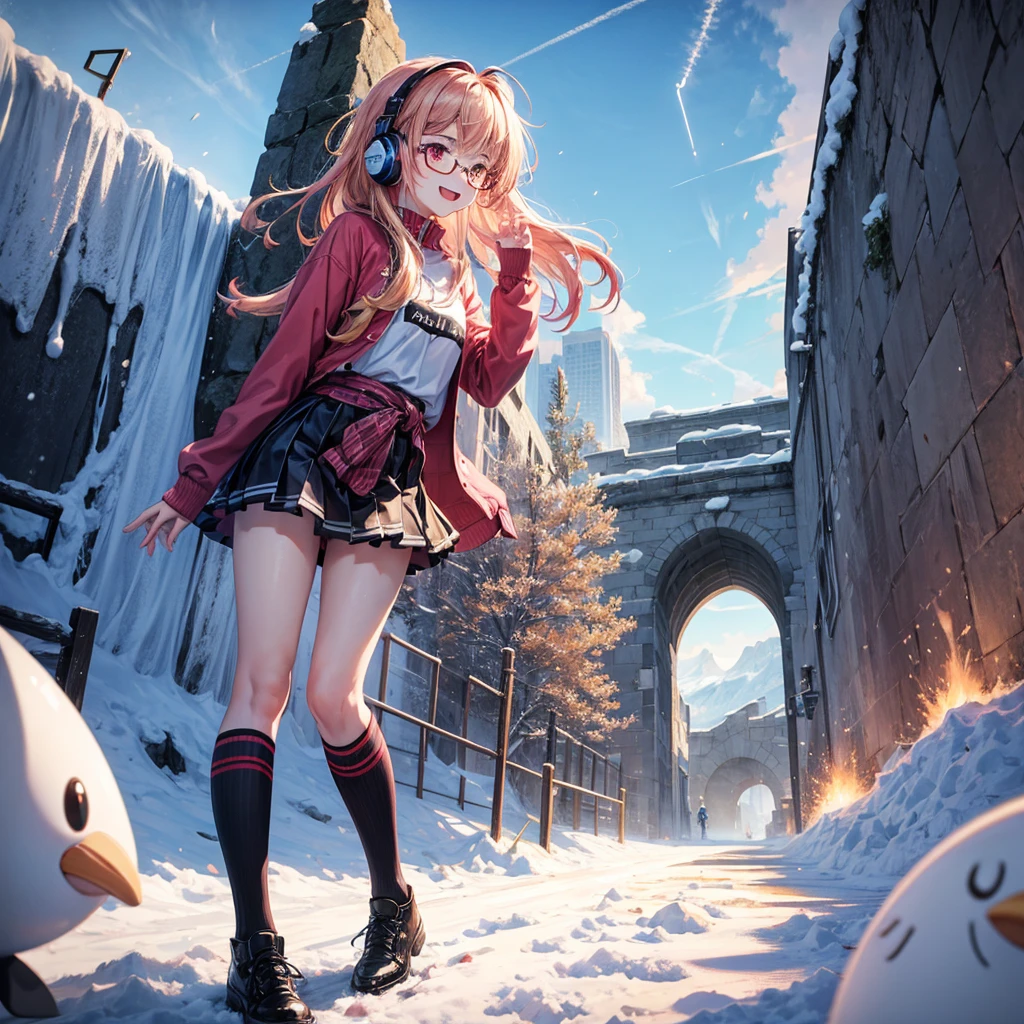 Pink gold golden hair、Red eyes、One good looking girl、solo、anime、Checkered mini skirt、The skirt has buttons、Red T-shirt、Long sleeve、China、Black knee-high socks、Wearing headphones、Wearing a ribbon、Ribbon on waist、Tilting face、Teeth are visible、tunnel、Sunset sky、The rocks are exploding、Penguins are walking、Snow is piled up、Rocky Mountain、The clouds are breaking through、Contrail、Medusa、Glasses