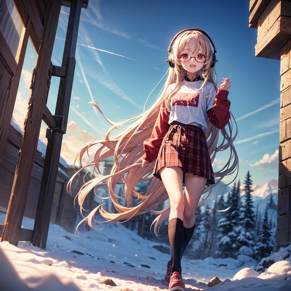 Pink gold golden hair、Red eyes、One good looking girl、solo、anime、Checkered mini skirt、The skirt has buttons、Red T-shirt、Long sleeve、China、Black knee-high socks、Wearing headphones、Wearing a ribbon、Ribbon on waist、Tilting face、Teeth are visible、tunnel、Sunset sky、The rocks are exploding、Penguins are walking、Snow is piled up、Rocky Mountain、The clouds are breaking through、Contrail、Medusa、Glasses