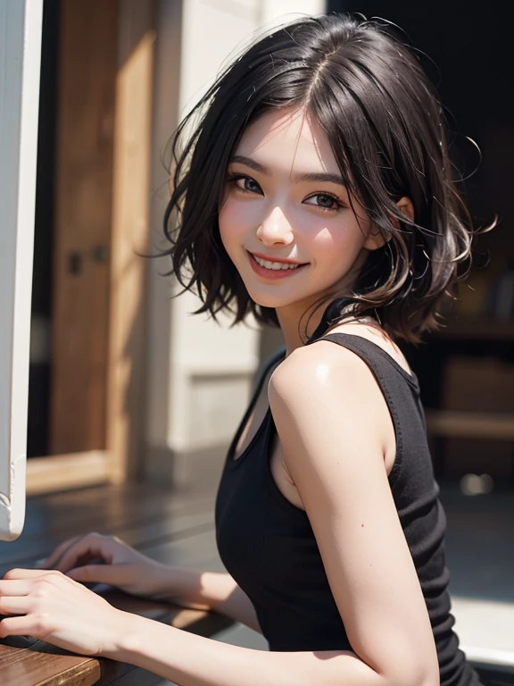 (highest quality, 4K, 8k, High resolution, masterpiece:1.2), Very detailed, (Realistic, photoRealistic, photo-Realistic:1.37), (Beautiful fine details, Beautiful lip detail, Very detailed目と顔), Studio Lighting, Physically Based Rendering, Vibrant colors, (Two-tone color, black & white), (Tank top), (Portraiture, Bobcut, Shiny Hair, Shiny skin), (Blurred Background), (incline one's head to the side:1.5), (smile:1.37),