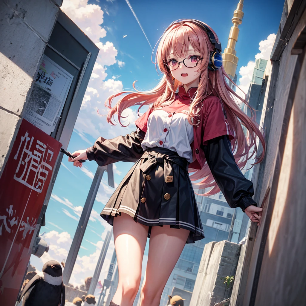 magenta tint、8k,Vibrant colors、((tmasterpiece)))、(((quality)))、((ultra - detailed))、(surreal)、(Very detailed CG illustration)、offcial art、CD cover、It will be、midsummer、The glorious 1980s、1个Giant Breast Girl,Cool beauty、cochetti gorgeous、incomparable beauty、Hair color、Rock music、leather jacket、Superskirt、butt lift,Student shoes,perfect angle、Perfectcomposition、(evening,train station stairs,trains,Cloud),