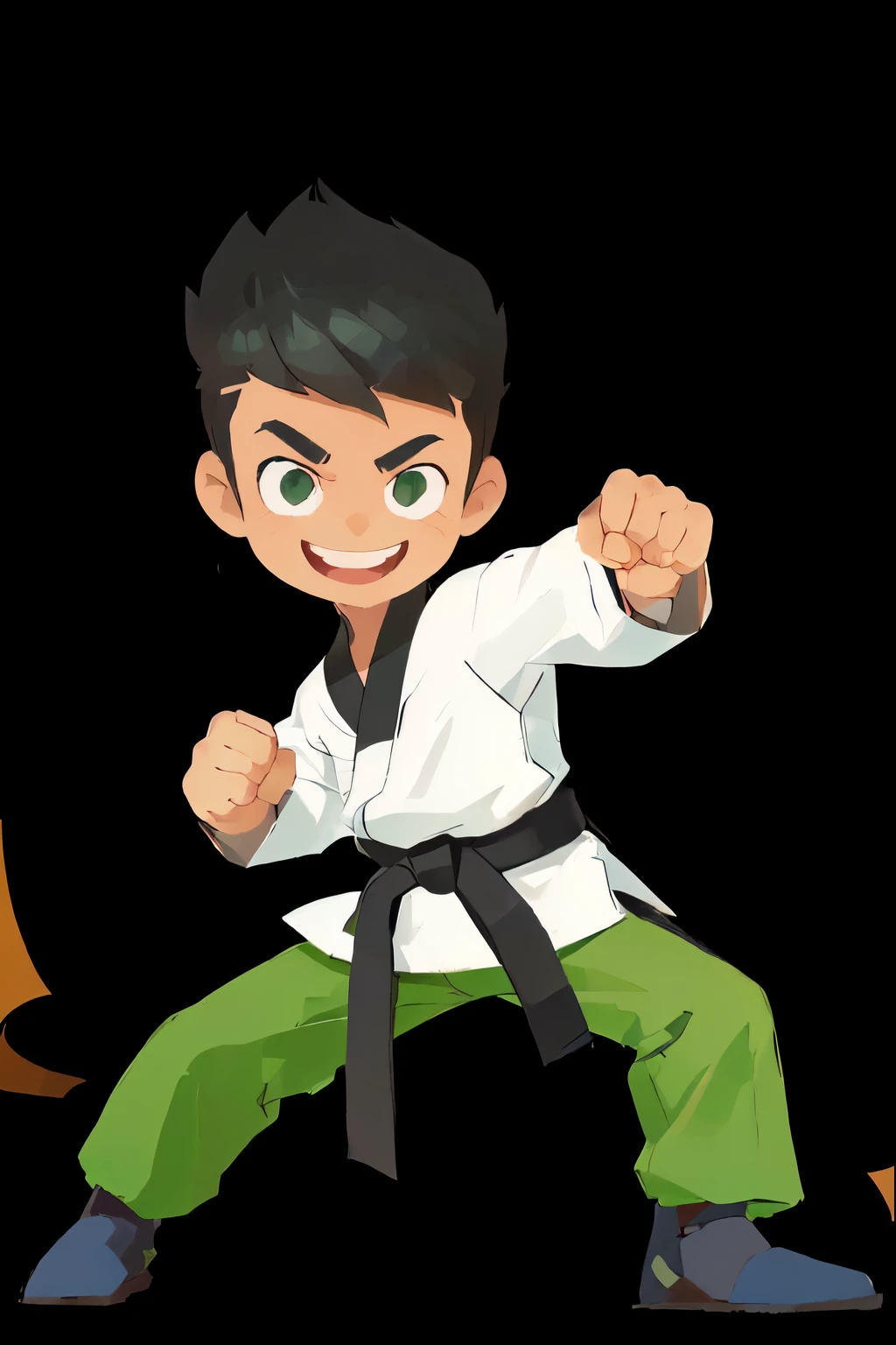 cartoon karate boy with black belt and green pants, doing martial arts, karate pose, fighting stance, martial art pose, fighting game character, karate, martial arts, karate kick, fighting pose, fighting stance energy, cartoon illustration, martial arts tournament, cartoon style illustration, fighting posture, fight pose, karate outfit, in a fighting stance, fighter pose, combat stance, smiling brave face