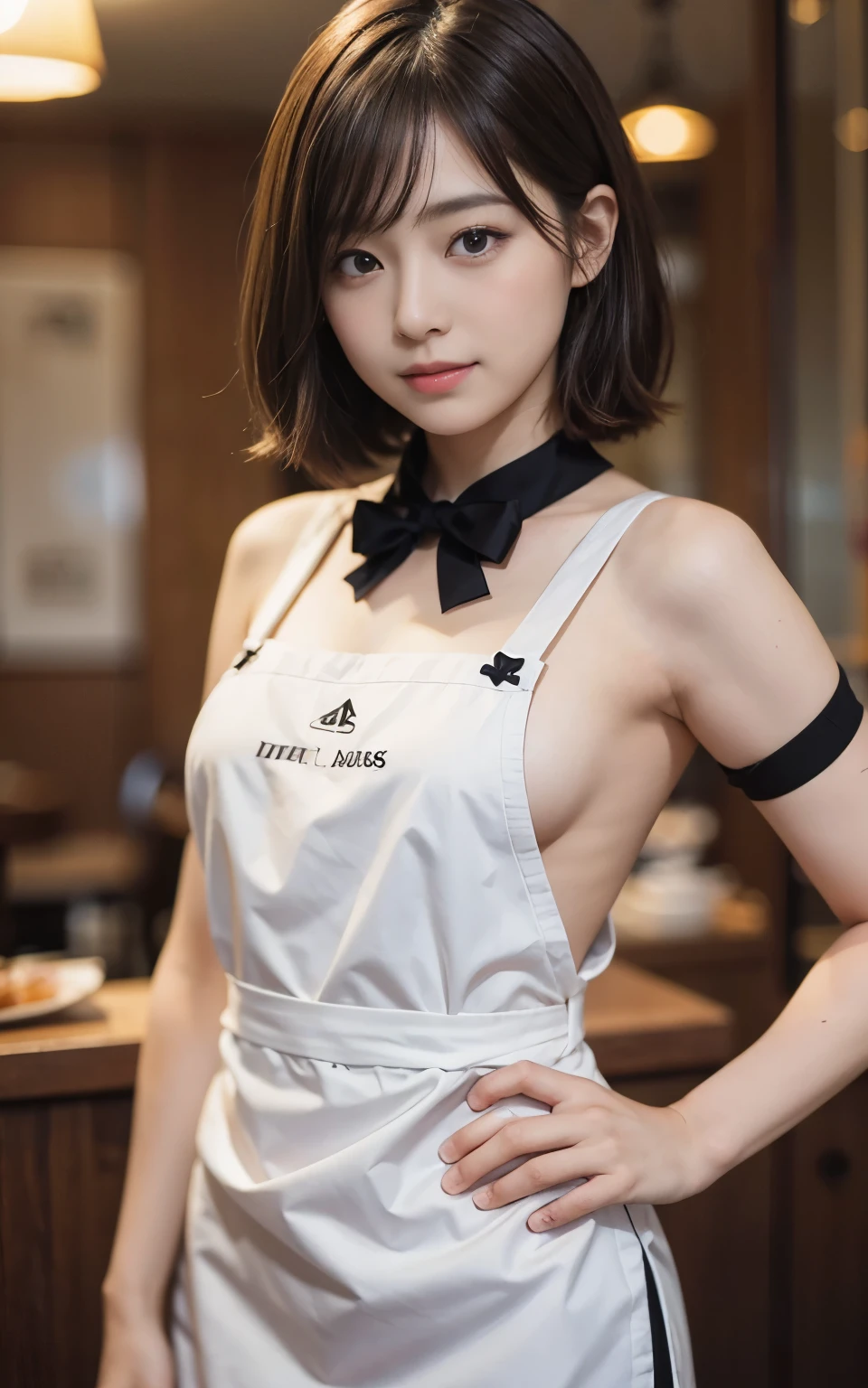 cute 21 year old japanese、apron, black bow tie、Waiter、Cafe、super detail face、pay attention to details、double eyelid、beautiful thin nose、sharp focus:1.2、Beautiful woman:1.4、(light brown hair,short hair、),pure white skin、highest quality、masterpiece、ultra high resolution、(Photoreal:1.4)、Highly detailed and professional lighting、nice smile、Please show me your whole body、