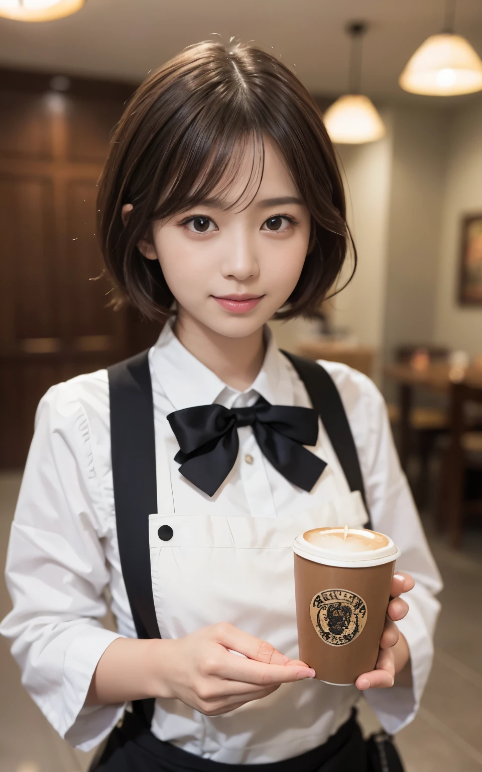 Cute 21 year old Japanese、apron、Black bow tie、Waiter、Cafe、Super detailed face、Attention to detail、double eyelid、Beautiful thin nose、Sharp focus:1.2、Beauty:1.4、(Light Brown Hair、short hair、)、Pure white skin、highest quality、masterpiece、Ultra-high resolution、(Photorealistic:1.4)、Highly detailed and professional lighting、nice smile、Carrying coffee、Please show me your whole body、