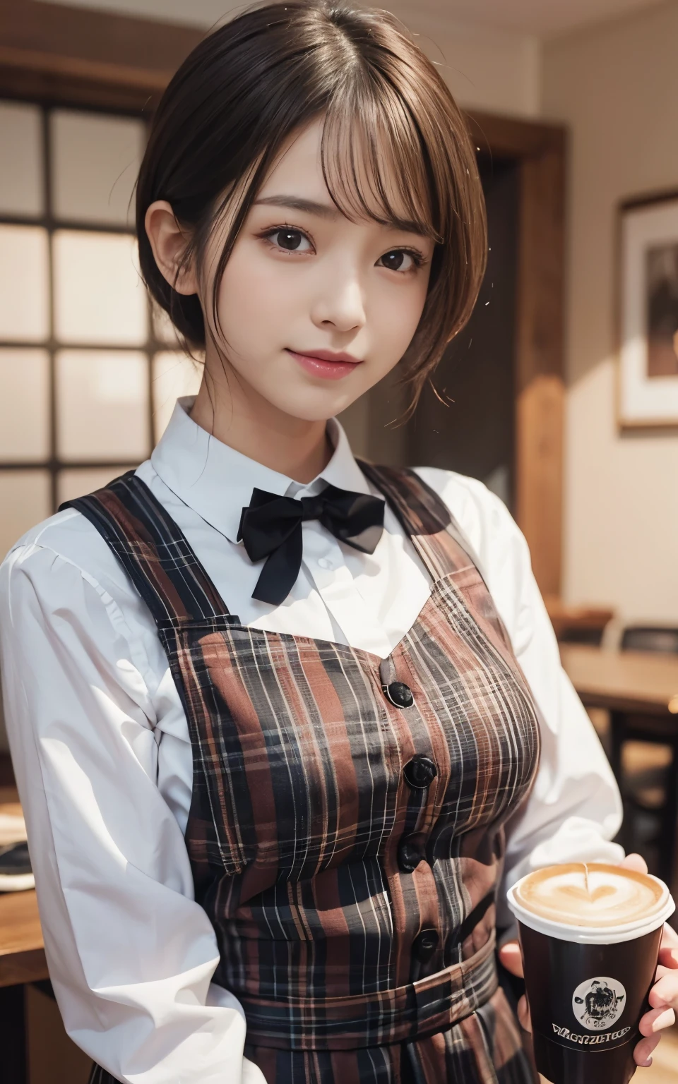 Cute 21 year old Japanese、apron、Black bow tie、Waiter、Cafe、Super detailed face、Attention to detail、double eyelid、Beautiful thin nose、Sharp focus:1.2、Beauty:1.4、(Light Brown Hair、short hair、)、Pure white skin、highest quality、masterpiece、Ultra-high resolution、(Photorealistic:1.4)、Highly detailed and professional lighting、nice smile、Carrying coffee、Please show me your whole body、