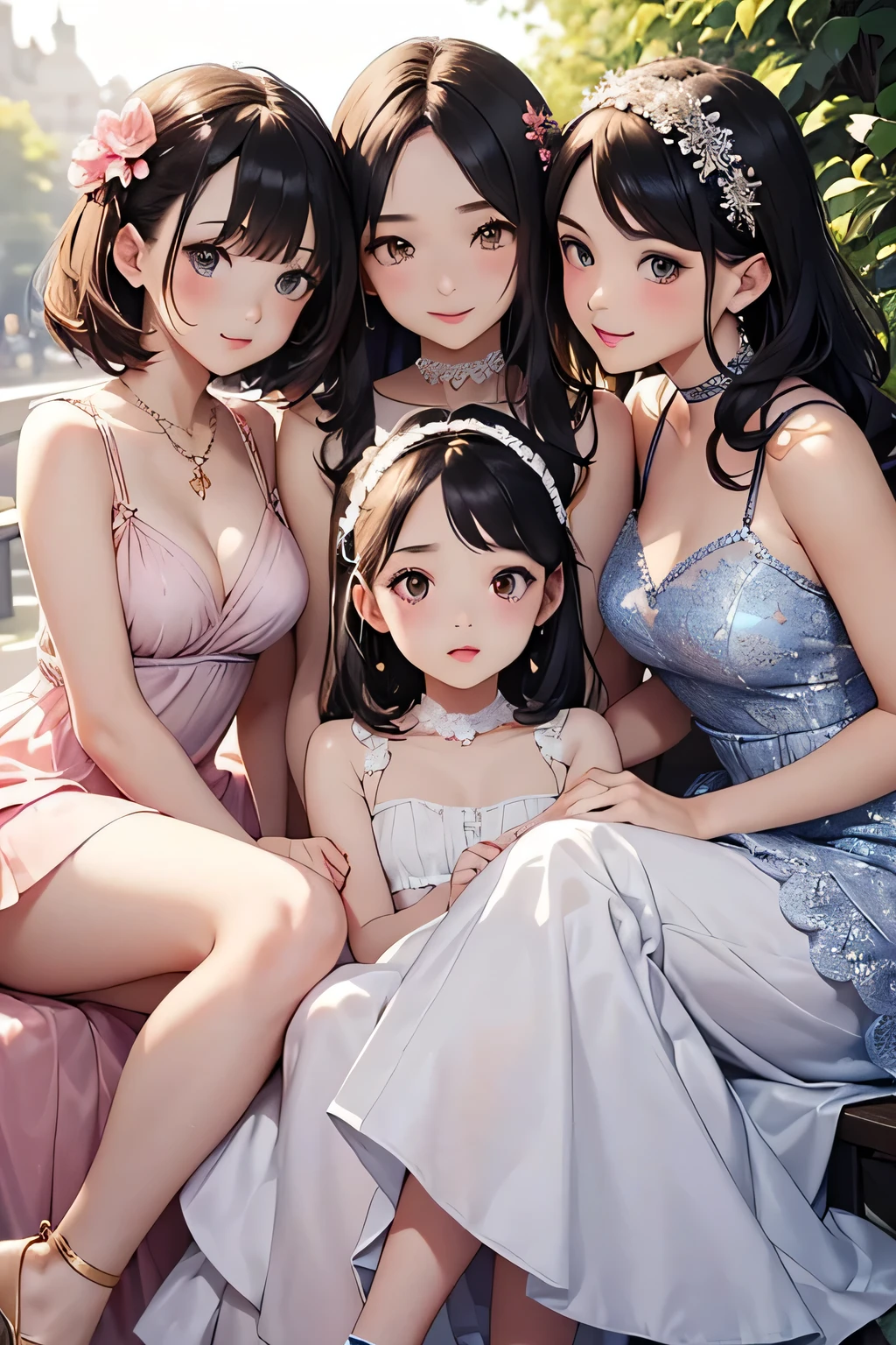 highest quality、High resolution、Detailed Background、(Beautiful face in every detail:1.4)、Anatomically correct、(Draw the usual number of fingers:1.2)、(Detailed facial expressions)、(Detailed eyes:1.2)、(Detailed eyes:1.2)、Beautiful, smooth skin、age beauty、(Three Women)、(Highly detailed face:1.4)、well-groomed eyebrows、
Adult Style、Sunny outdoors、
(Three beautiful girls having fun with their friends:1.5)
Choose a dress in soft colors such as pretty pink or lavender to create a glamorous impression.、
Flared skirts and dresses with soft silhouettes bring out the feminine charm.、
For the upper body, we recommend heart-shaped or V-neck designs that flatter the décolletage.、
Choose an elegant design with lace or ribbon on the back.、
Pair your dress with heeled pumps or sandals for a stylish look.、
You can also add some sparkle with metallic colored shoes in silver or gold.、
Comfort is also important, so pay attention to the heel height and the shape of the toe of the shoe.、
Choose simple yet elegant accessories that go well with your dress.、
Pearls and thin choker、Wearing a thin bracelet on your wrist will add a touch of glamour.、
For hair accessories, try adding small flower-themed pins or headbands to add a cute touch.、
Consider an updo or half-up style that matches the design of your dress and your personality.、
If you have long hair, create light curls or waves to bring out your femininity.、
If you have short hair, try using accessories to create a unique look.、
Add cuteness to your natural, light base makeup with blush and lipstick.、
Use bright eyeshadow and mascara to add a touch of glamour to your eyes.、
Choose a sweet lip color like pink or coral for a girly look.