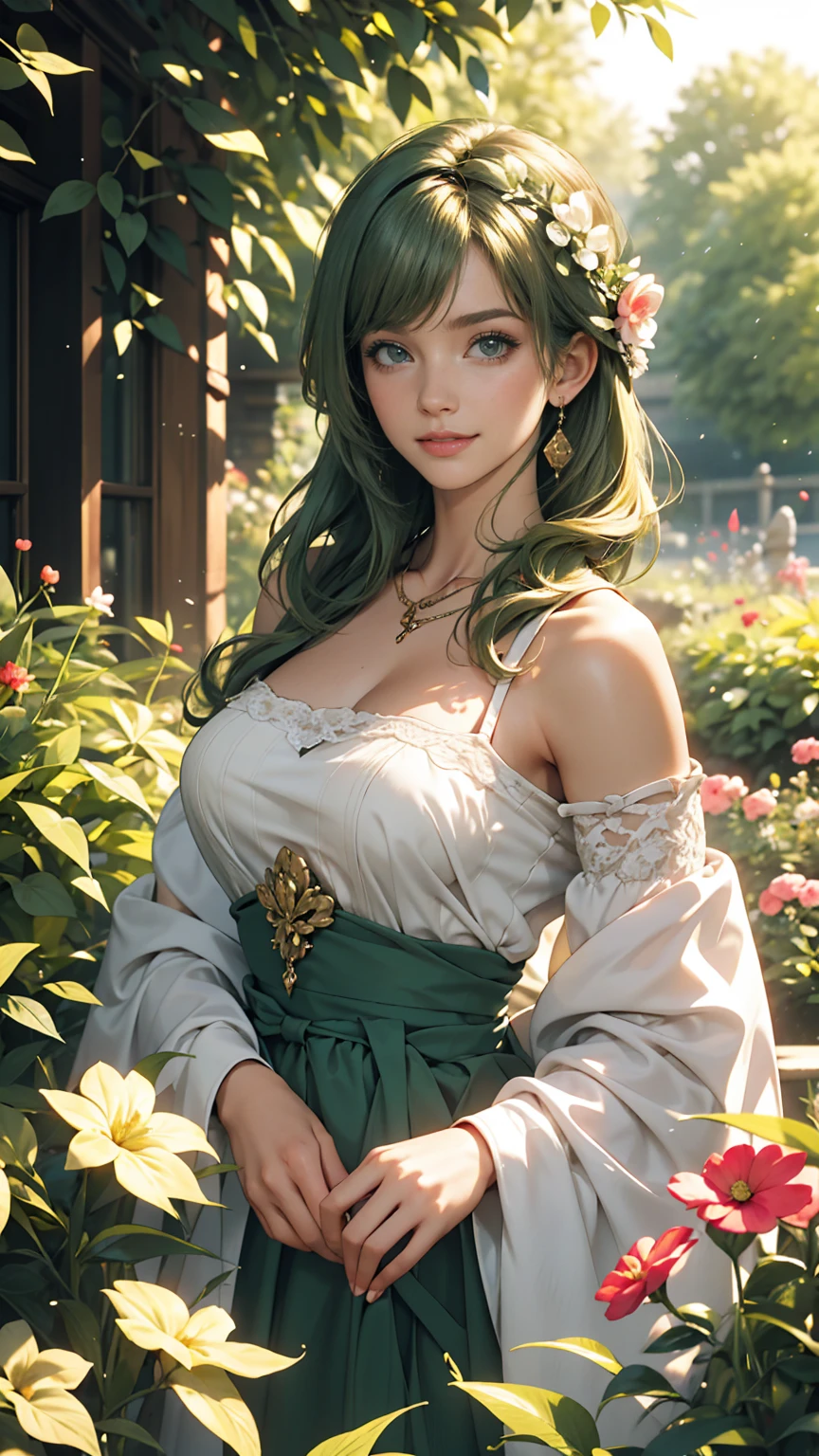 London suburbs、English Garden、A British deep green lady's vertical striped jumper skirt、British woman in a high-neck ribbon blouse、White、Blonde、blue eyes、Wavy hair、Smile