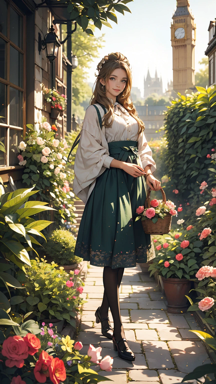 London suburbs、English Garden、A British deep green lady's vertical striped jumper skirt、British woman in a high-neck ribbon blouse、White、Blonde、blue eyes、Wavy hair、Smile