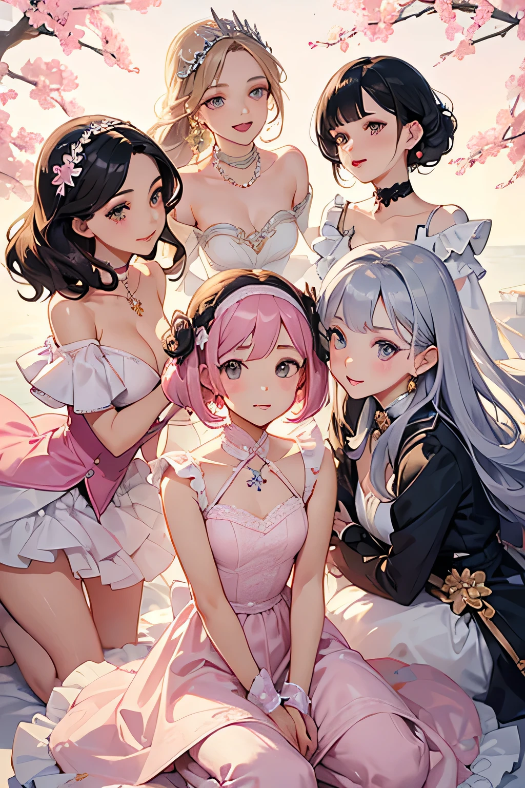 highest quality、High resolution、Detailed Background、(Beautiful face in every detail:1.4)、Anatomically correct、(Draw the usual number of fingers:1.2)、(Detailed facial expressions)、(Detailed eyes:1.2)、(Detailed eyes:1.2)、Beautiful, smooth skin、Teenage beauty、(Three Women)、(Highly detailed face:1.4)、well-groomed eyebrows、
Adult Style、Sunny outdoors、

(Three beautiful girls having fun with their friends:1.5)

Choose a dress in soft colors such as pretty pink or lavender to create a glamorous impression.、
Flared skirts and dresses with soft silhouettes bring out the feminine charm.、
For the upper body, we recommend heart-shaped or V-neck designs that flatter the décolletage.、
Choose an elegant design with lace or ribbon on the back.、

Pair your dress with heeled pumps or sandals for a stylish look.、
You can also add some sparkle with metallic colored shoes in silver or gold.、
Comfort is also important, so pay attention to the heel height and the shape of the toe of the shoe.、

Choose simple yet elegant accessories that go well with your dress.、
Pearls and thin choker、Wearing a thin bracelet on your wrist will add a touch of glamour.、
For hair accessories, try adding small flower-themed pins or headbands to add a cute touch.、

Consider an updo or half-up style that matches the design of your dress and your personality.、
If you have long hair, create light curls or waves to bring out your femininity.、
If you have short hair, try using accessories to create a unique look.、

Add cuteness to your natural, light base makeup with blush and lipstick.、
Use bright eyeshadow and mascara to add a touch of glamour to your eyes.、
Choose a sweet lip color like pink or coral for a girly look.