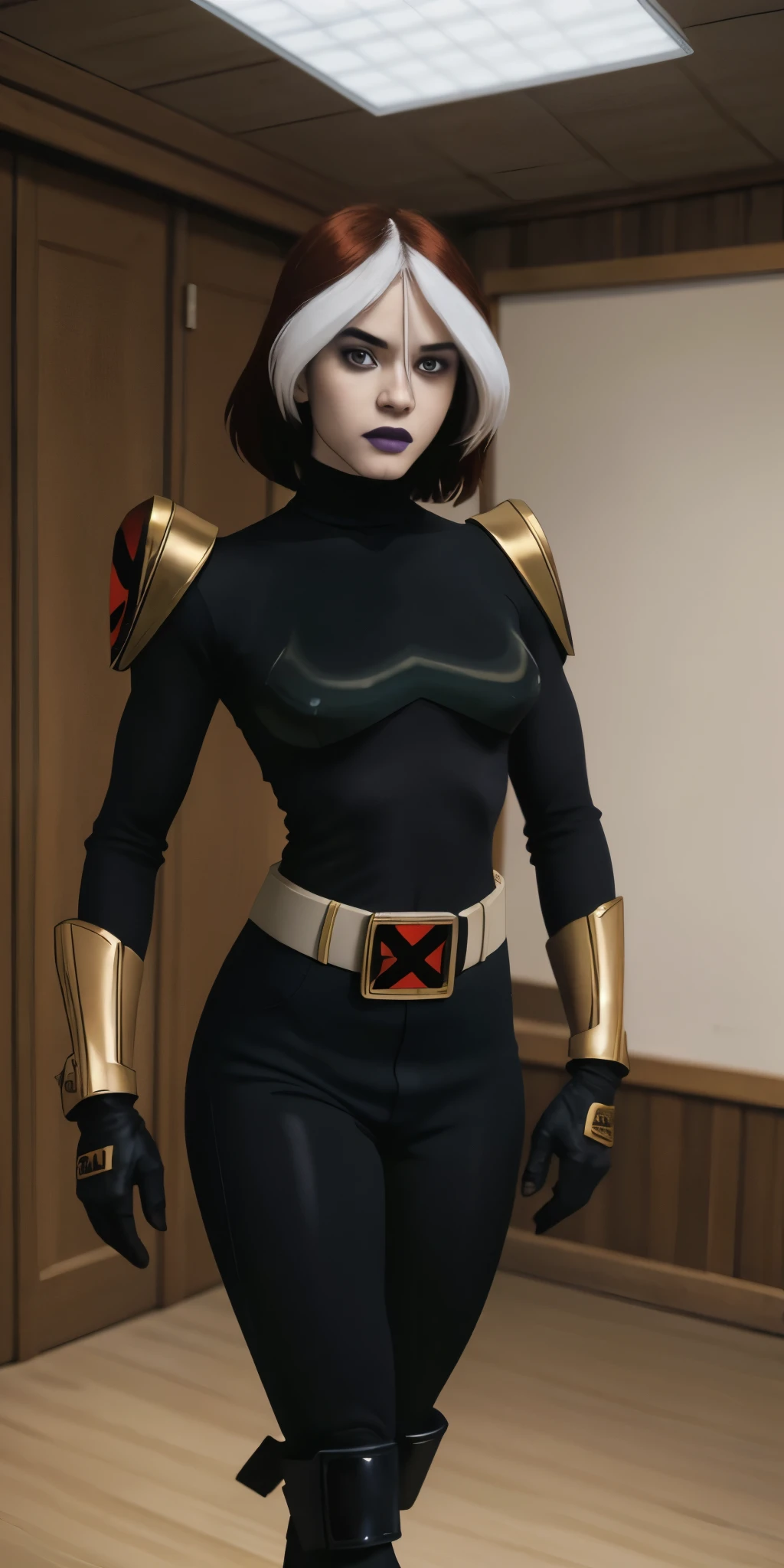 full body,Pose,looking at viewer,Alone,break,cartoon_own_costume_ownwaifu, www.ownwaifu.com, two-tone hair, brown hair, white hair, short hair, make up, lipstick, hair between eyes, breasts, eyes gray, purple lips, shadow, nose, medium breasts, split-color_hair, lips, pale skin, toned, narrow waist, curved, collarbone, belt, could, armor, buckle belt, brown gloves, shoulder pads, turtleneck, yellow belt, firm skin, break,,official art,extremely detailed CG 8k unit wallpaper,Perfect lighting,colorful,Bright_front_face_lighting,glossy skin,(artwork:1.0),(best_quality:1.0),ultra High resolution,4K,ultra -detailed, photography, 8k, HDR, High resolution, (absurdity:1.2), Kodak Portrait 400, film grain, blurred background, (vibrant_color:1.2),professional photography,