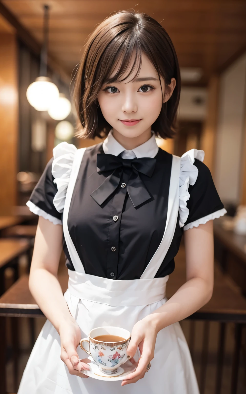 Cute 21 year old Japanese、apron、Black bow tie、Waiter、Cafe、Super detailed face、Attention to detail、double eyelid、Beautiful thin nose、Sharp focus:1.2、Beauty:1.4、(Light Brown Hair、short hair、)、Pure white skin、highest quality、masterpiece、Ultra-high resolution、(Photorealistic:1.4)、Highly detailed and professional lighting、nice smile、Carrying a teacup、Please show me your whole body、
