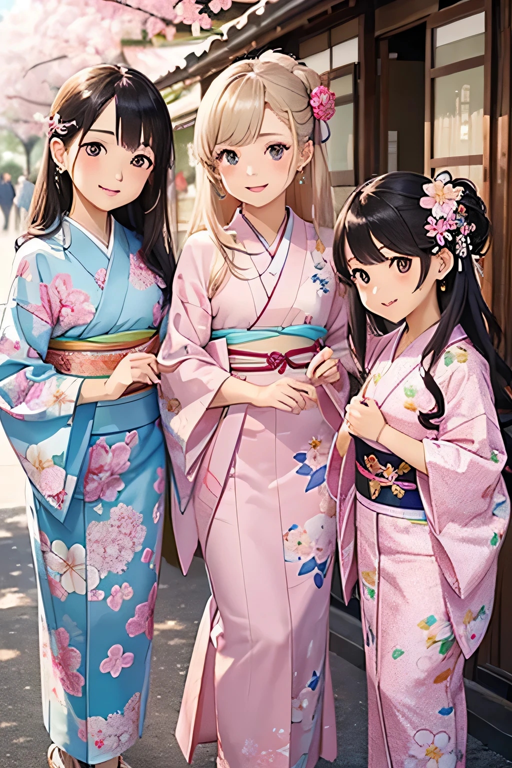 highest quality、High resolution、Detailed Background、(Beautiful face in every detail:1.4)、Anatomically correct、(Draw the usual number of fingers:1.2)、(Detailed facial expressions)、(Detailed eyes:1.2)、(Detailed eyes:1.2)、Beautiful, smooth skin、age beauty、(Three Women)、(Highly detailed face:1.4)、well-groomed eyebrows、
Adult Style、Sunny outdoors、
(Three beautiful girls having fun with their friends:1.5)、
For the color of the kimono, choose soft colors such as pretty pink, pale cherry blossom, and light blue to create a girly impression.、
Cherry blossoms and plum blossoms are timeless and long-loved patterns.、Small floral patterns are recommended.、
like々To bring out your beauty, it is a good idea to choose a kimono with a bright background color and a gorgeous pattern.、
Choose the color and pattern of the obi while considering how it will coordinate with your kimono.、
To emphasize cuteness, we recommend obi in soft colors or designs with small floral patterns or ribbons.、
You can also add a cute touch to your geta.、
Choose sandals with colorful floral patterns, glitter, or ribbons to add a touch of glamour to your feet.、
Simple and elegant accessories go well with Japanese clothing.、
Wearing earrings or a necklace with a small flower motif and a thin bracelet on your wrist will make you look even cuter.、
For hair accessories, try incorporating small hairpins or kanzashi with cherry blossom or plum blossom motifs.、
Consider an updo or a bun hairstyle that matches the design of your kimono and your personality.、
You can enjoy unique styling with hair accessories and hairpins.、
Add pink or cherry blossom blush to your natural and clean base makeup.、
Use soft colored eyeshadows to add a touch of glamour to your eyes.、
For your lips, choose a pale pink or cherry blossom color to make yourself look even cuter.
