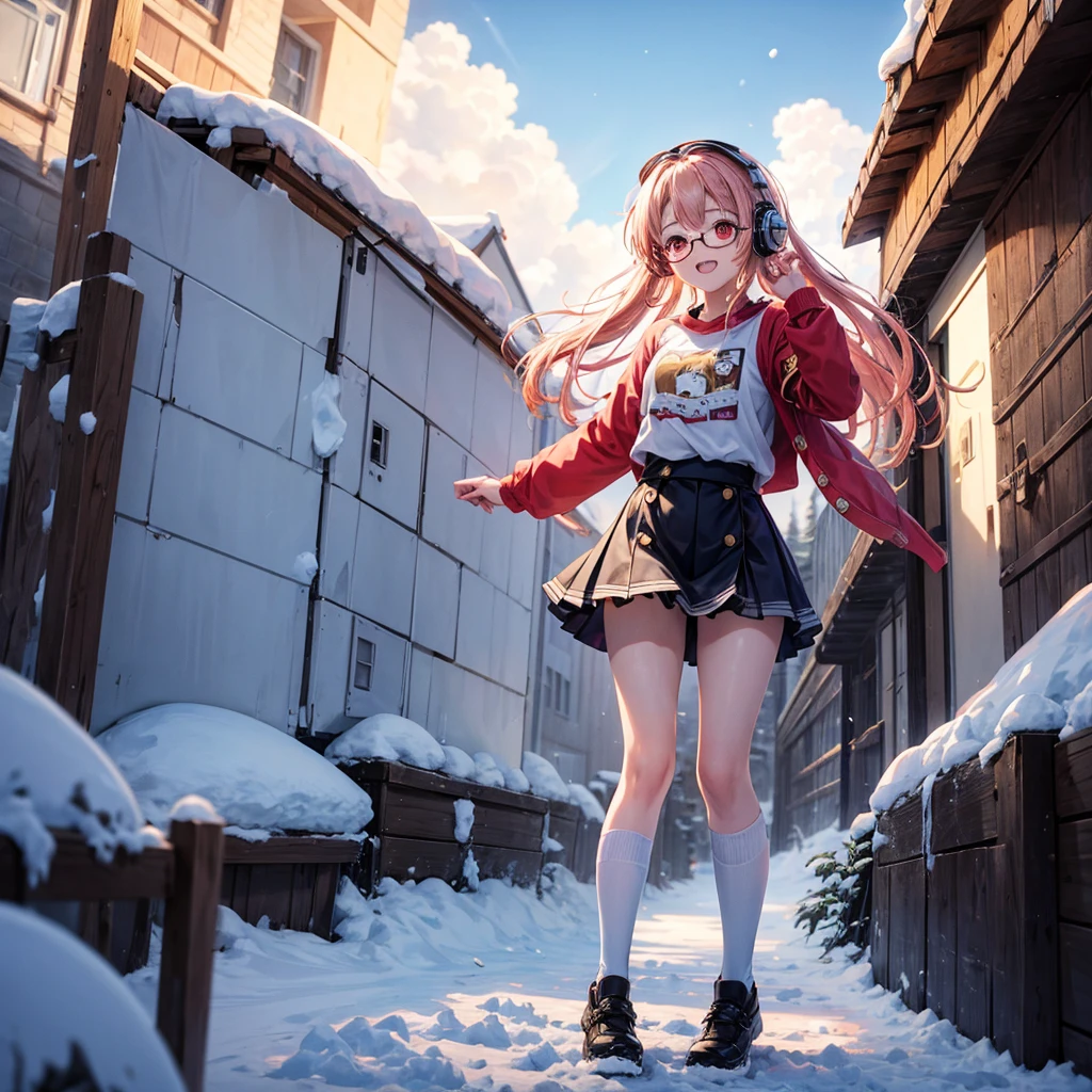 Pink gold golden hair、Red eyes、One good looking girl、solo、anime、Checkered mini skirt、The skirt has buttons、Red T-shirt、Long sleeve、China、Black knee-high socks、Wearing headphones、Wearing a ribbon、Ribbon on waist、Tilting face、Teeth are visible、tunnel、Sunset sky、The rocks are exploding、Penguins are walking、Snow is piled up、Rocky Mountain、The clouds are breaking through、Contrail、Medusa、Glasses、Blue burning cube