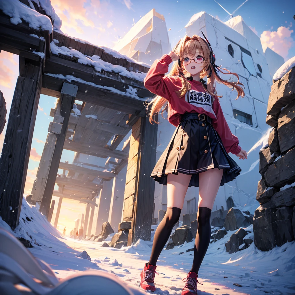 Pink gold golden hair、Red eyes、One good looking girl、solo、anime、Checkered mini skirt、The skirt has buttons、Red T-shirt、Long sleeve、China、Black knee-high socks、Wearing headphones、Wearing a ribbon、Ribbon on waist、Tilting face、Teeth are visible、tunnel、Sunset sky、The rocks are exploding、Penguins are walking、Snow is piled up、Rocky Mountain、The clouds are breaking through、Contrail、Medusa、Glasses、Blue burning cube
