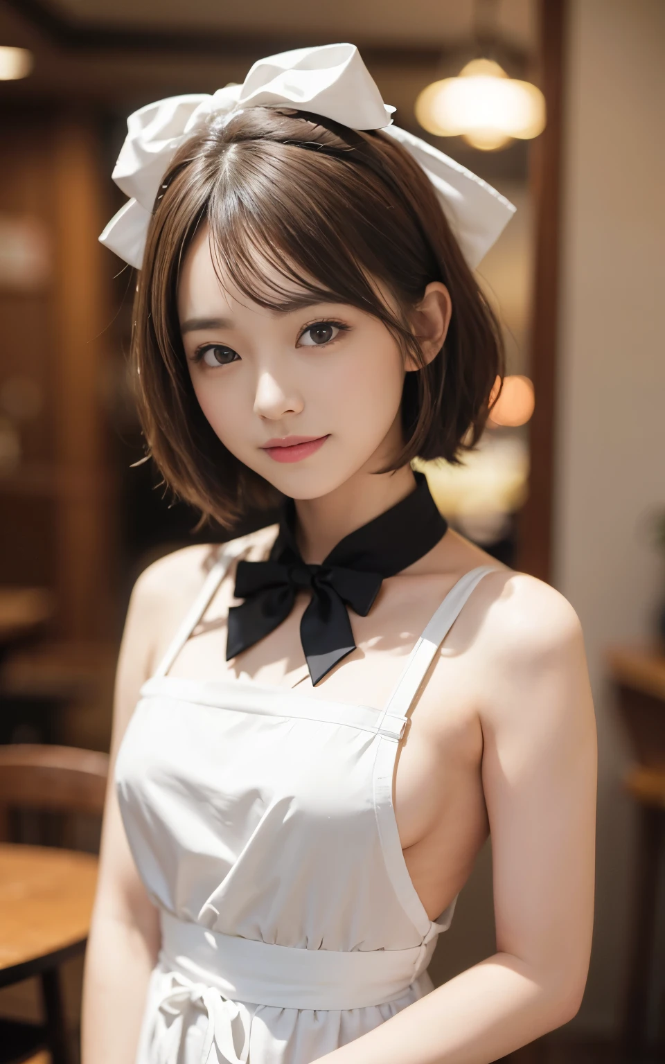 Cute 21 year old Japanese、apron、Black bow tie、Waiter、Cafe、Super detailed face、Attention to detail、double eyelid、Beautiful thin nose、Sharp focus:1.2、Beauty:1.4、(Light Brown Hair、short hair、)、Pure white skin、highest quality、masterpiece、Ultra-high resolution、(Photorealistic:1.4)、Highly detailed and professional lighting、nice smile、Carrying a teacup、Please show me your whole body、
