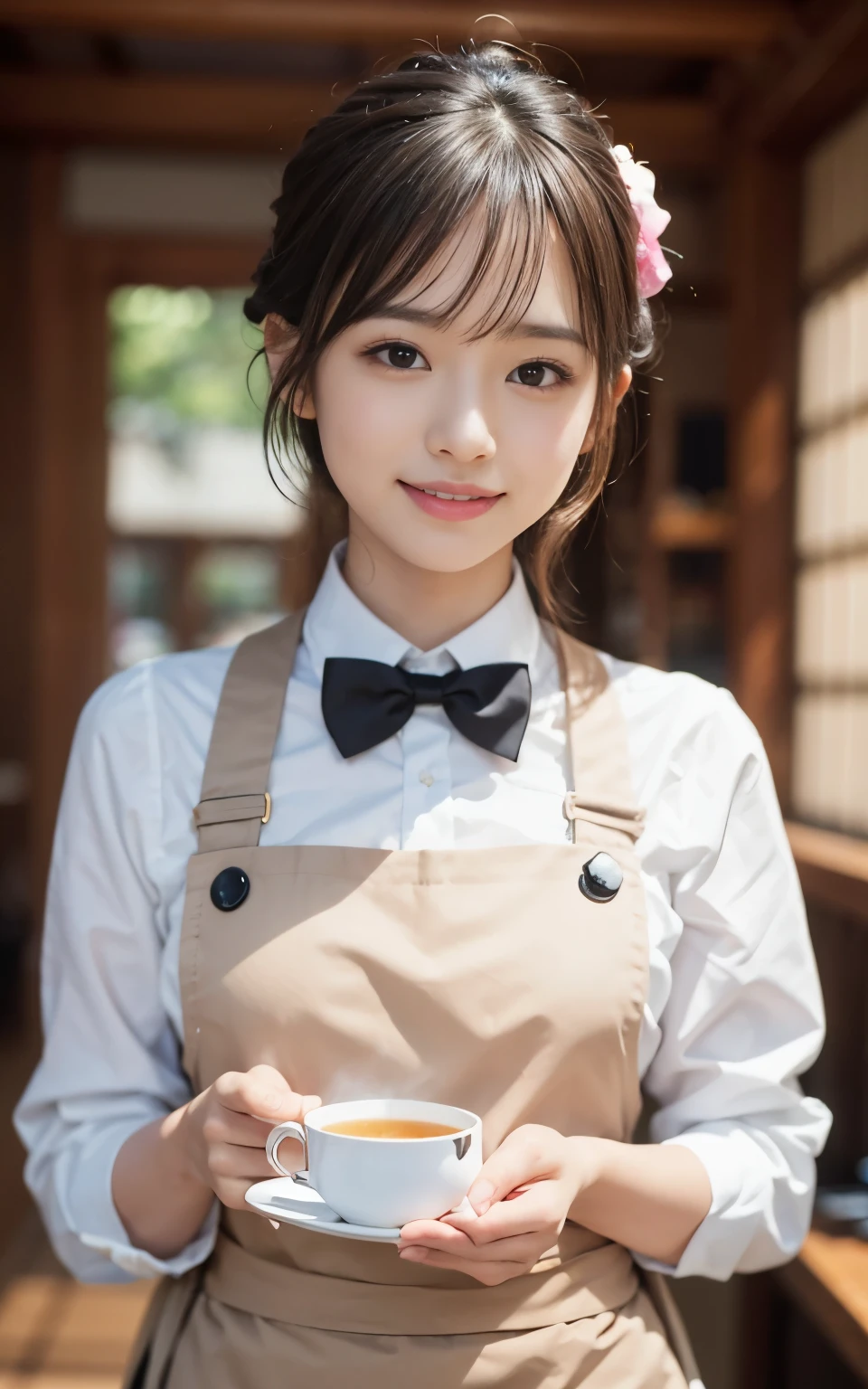 Cute 21 year old Japanese、apron、Black bow tie、Waiter、Cafe、Super detailed face、Attention to detail、double eyelid、Beautiful thin nose、Sharp focus:1.2、Beauty:1.4、(Light Brown Hair、short hair、)、Pure white skin、highest quality、masterpiece、Ultra-high resolution、(Photorealistic:1.4)、Highly detailed and professional lighting、nice smile、Carrying a teacup、Please show me your whole body、