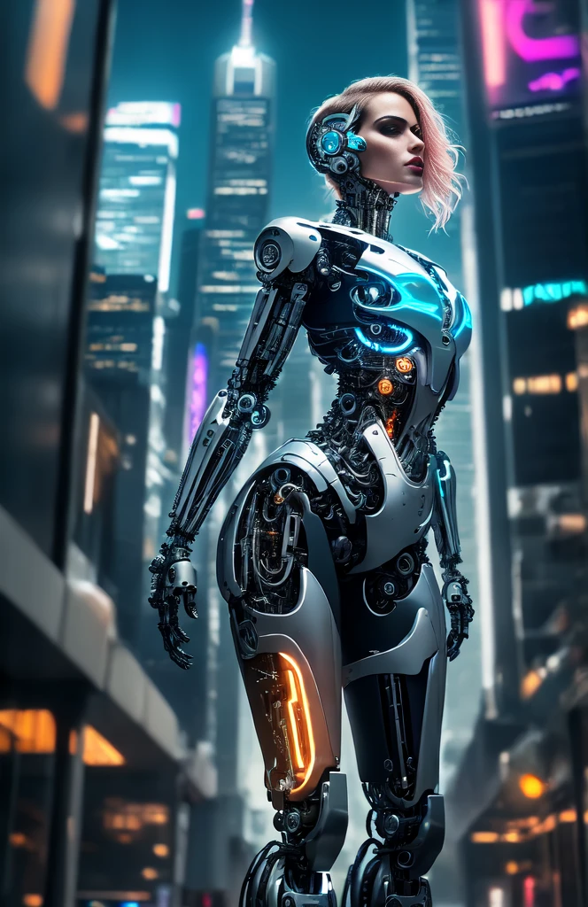 The intimate relationship of a male cyborg and a female cyborg in a skyscraper office in a big city, best quality, absurdres, masterpiece, beautiful, intricate details, 1/2 body crop, slim body, beautiful figure, magnificent anatomy, (intricate details:1.12), HDR, (intricate details, hyper-detailing:1.15), (natural skin textures, hyper realistic, soft light, sharp:1.2), cyberpunk, futuristic, neon colors, dramatic lighting, urban vibes, technologically advanced, stunning architecture, glossy surfaces, shiny metallic parts, dark shadows, reflections, intense gaze, romantic atmosphere, glowing circuitry, city lights, sleek hairstyles, flawless skin, elegant clothing, state-of-the-art technology.