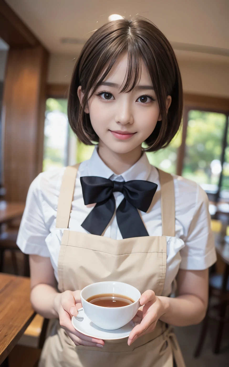 Cute 21 year old Japanese、apron、Black bow tie、Waiter、Cafe、Super detailed face、Attention to detail、double eyelid、Beautiful thin nose、Sharp focus:1.2、Beauty:1.4、(Light Brown Hair、short hair、)、Pure white skin、highest quality、masterpiece、Ultra-high resolution、(Photorealistic:1.4)、Highly detailed and professional lighting、nice smile、Carrying a teacup、Please show me your whole body、
