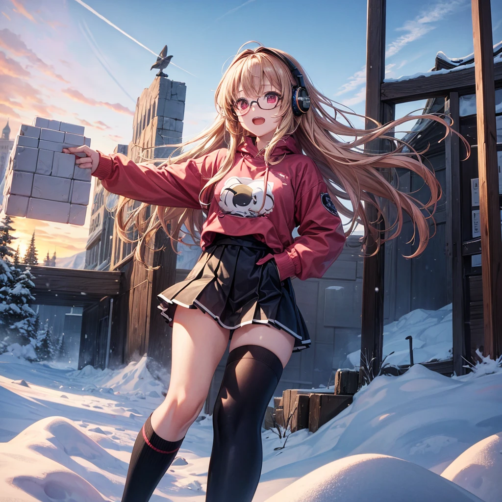 Pink gold golden hair、Red eyes、One good looking girl、solo、anime、Checkered mini skirt、The skirt has buttons、Red T-shirt、Long sleeve、China、Black knee-high socks、Wearing headphones、Wearing a ribbon、Ribbon on waist、Tilting face、Teeth are visible、tunnel、Sunset sky、The rocks are exploding、Penguins are walking、Snow is piled up、Rocky Mountain、The clouds are breaking through、Contrail、Medusa、Glasses、Blue burning cube