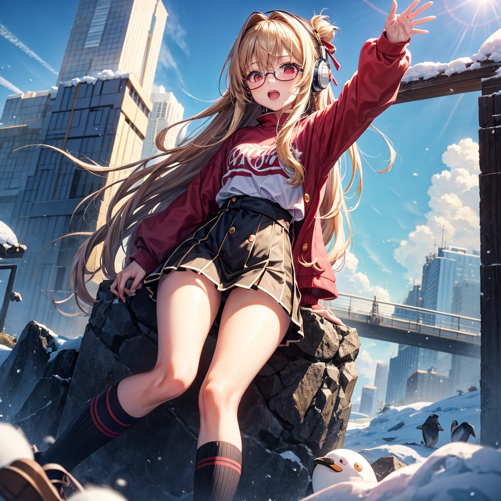 Pink gold golden hair、Red eyes、One good looking girl、solo、anime、Checkered mini skirt、The skirt has buttons、Red T-shirt、Long sleeve、China、Black knee-high socks、Wearing headphones、Wearing a ribbon、Ribbon on waist、Tilting face、Teeth are visible、tunnel、Sunset sky、The rocks are exploding、Penguins are walking、Snow is piled up、Rocky Mountain、The clouds are breaking through、Contrail、Medusa、Glasses、Blue burning cube