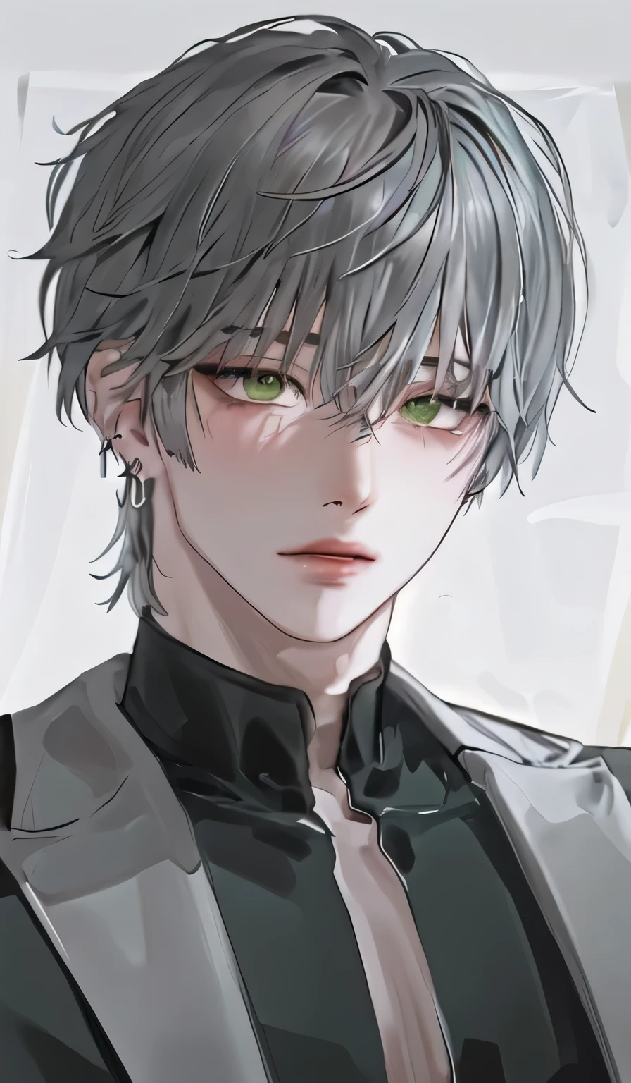 1 boy, portrait, earrings, Solitary,Lips, Male focus, Green Eyes, Looking at the audience, Gray hair, short hair, Shut up,