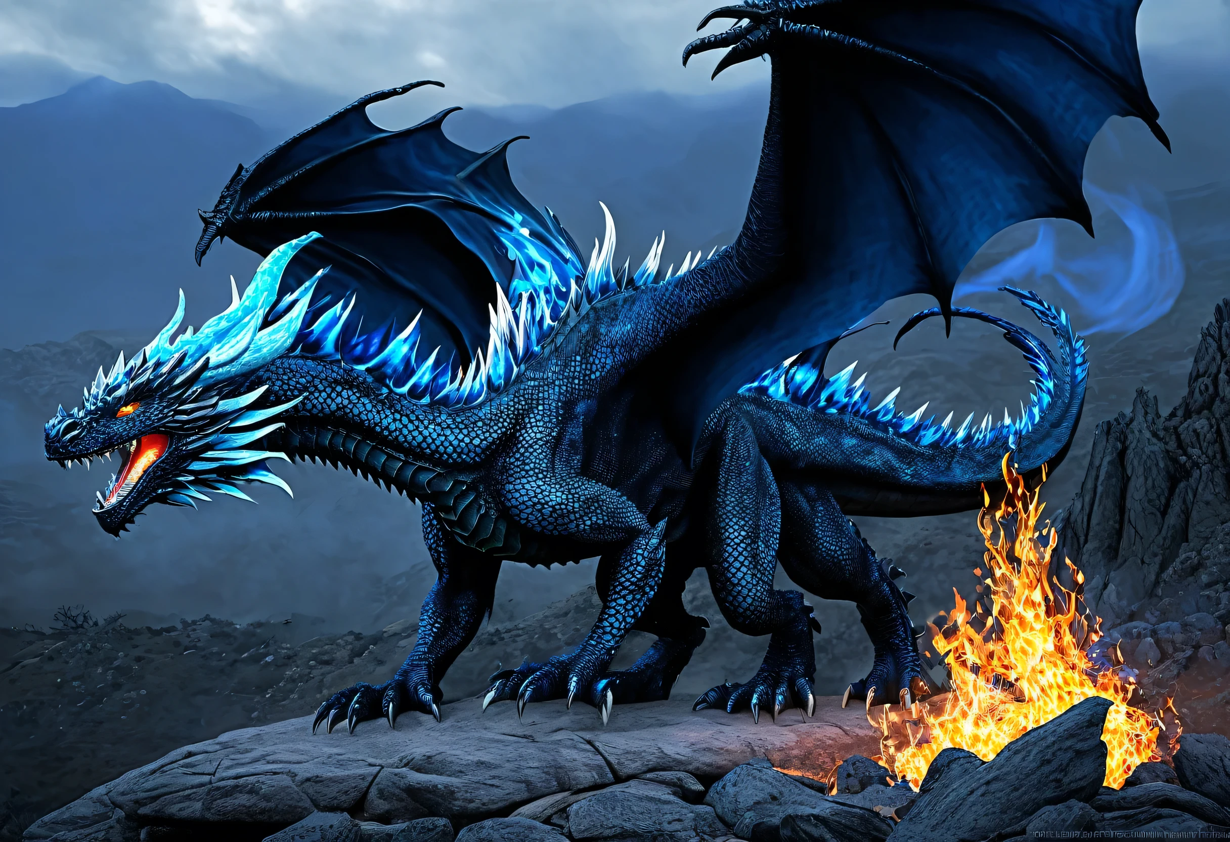 Arafed dragon emitting blue flames from the top of the rocky mountain, Magnificent Dragon, blue scaled dragon, Ancalagon the Black, Fire-breathing dragon, Fire-breathing dragon, blue Dragon, With a giant dragon in the background, ''Fire-breathing dragon, Fire-breathing dragon, a majestic gothic dragon, Highly detailed and realistic, Ultra-Realistic Details, Black Dragon, Frost Dragon, Fire Dragon