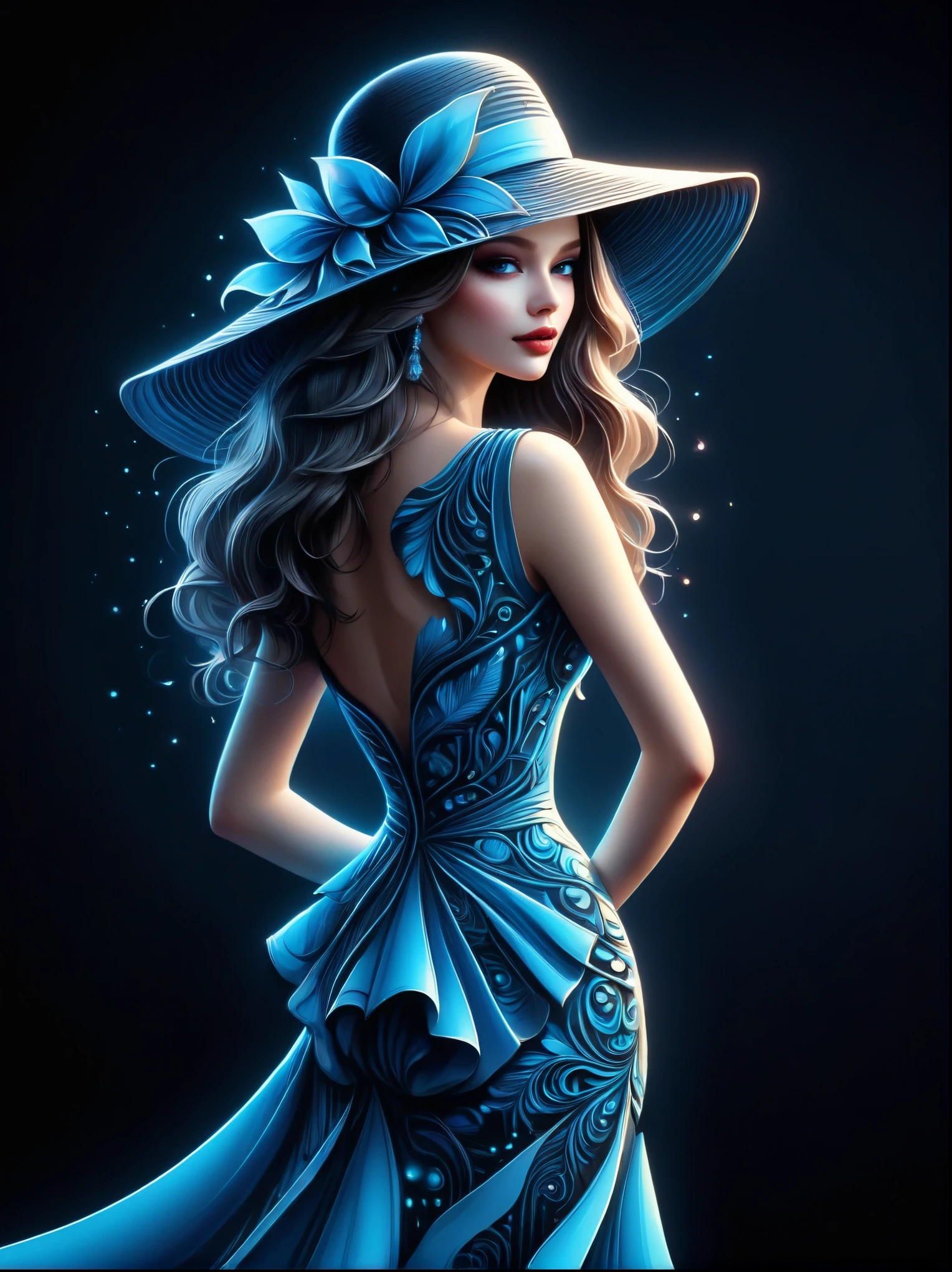 elegant, fashion design. Elegant and dress fashion illustration with a fluttering dress and hat in neon blue against a black background. The figure appears to be glowing from within, creating a glamorous effect that highlights the lavish texture of her outfit. Her posture exudes confidence and elegance, showcasing the beauty of the outfit.