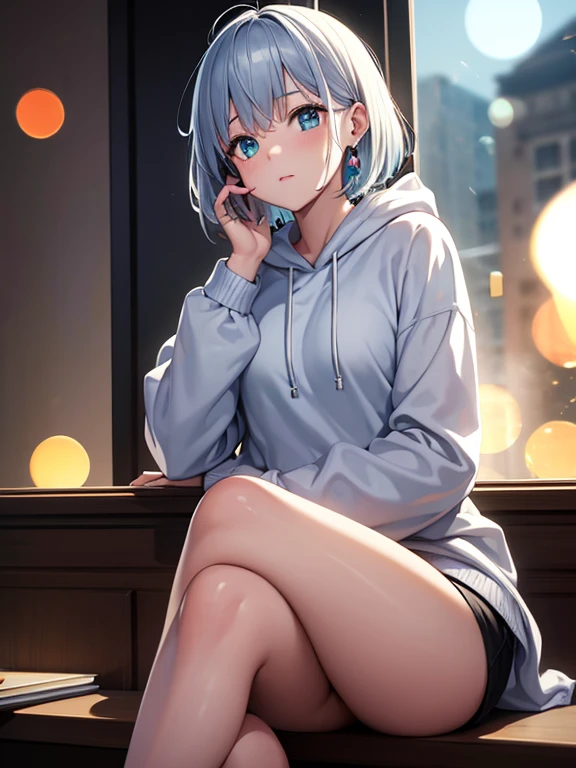 (highest quality, masterpiece: 1.2), Super detailed, highest quality, Ultra-high resolution, Professional Lighting, Photon Mapping, Physically Based Rendering, Cinema Lighting, Depth of written boundary, focus on, Light of the sun, Good composition, (Bokeh: 1.2), 1 girl, Aqua Eyes, narrow, Silver Hair, short hair, Girl wearing oversized hoodie,hand {refer tos} cute {refer to} hand,Girl with earphones,cool,Inside the room,Girl with small earrings,whole body,Listening to music,Girl sitting with legs crossed