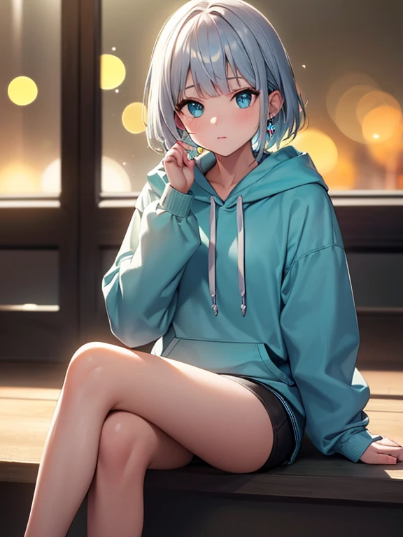 (highest quality, masterpiece: 1.2), Super detailed, highest quality, Ultra-high resolution, Professional Lighting, Photon Mapping, Physically Based Rendering, Cinema Lighting, Depth of written boundary, focus on, Light of the sun, Good composition, (Bokeh: 1.2), 1 girl, Aqua Eyes, narrow, Silver Hair, short hair, Girl wearing oversized hoodie,hand {refer tos} cute {refer to} hand,Girl with earphones,cool,Inside the room,Girl with small earrings,whole body,Listening to music,Girl sitting with legs crossed